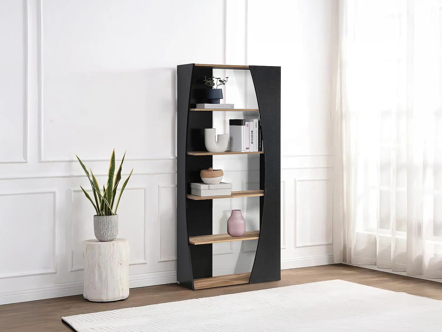 Biblioteczka z 5 półkami – Czarny i Naturalny – JILORA 3583149
