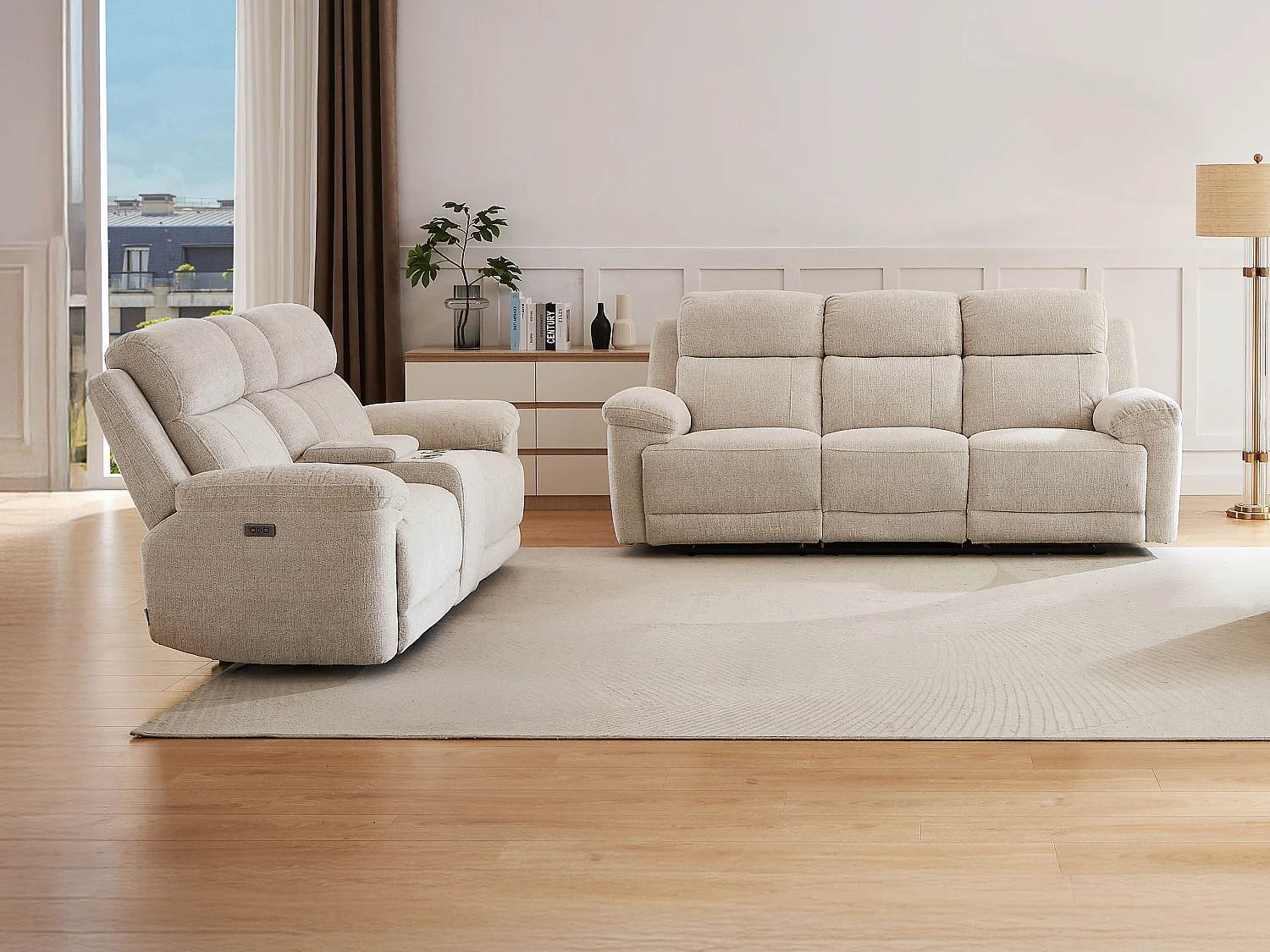 Kanapa 3-osobowa i 2-osobowa z elektryczną funkcją relax i beżową melanżową tapicerką - KELUNO 4158205 - obrazek 1