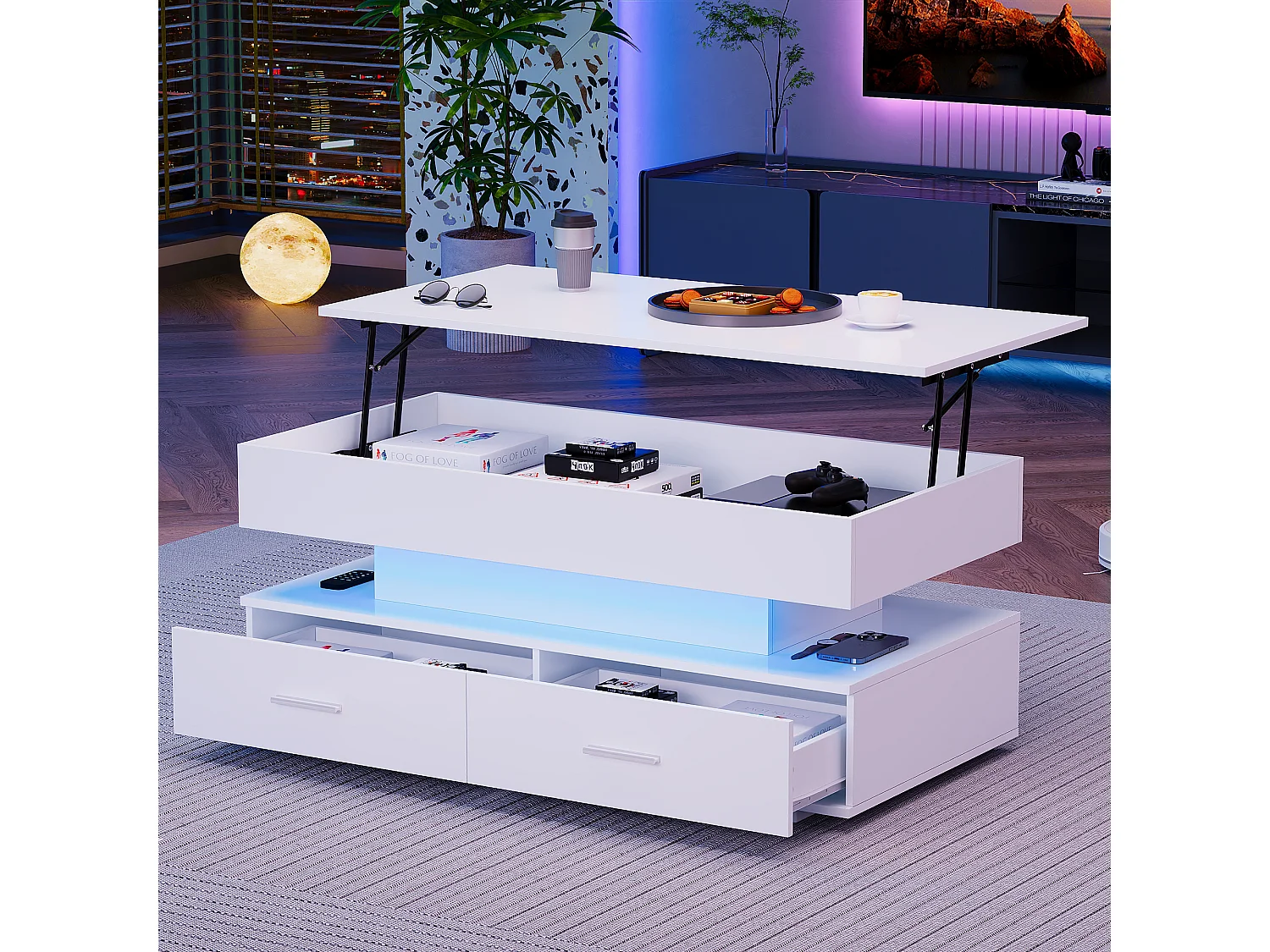 Hydrauliczny podnoszony stolik kawowy – 100 x 50 x 44 cm – z diodami LED + 2 szuflady – Płyta wiórowa – biały 4171517