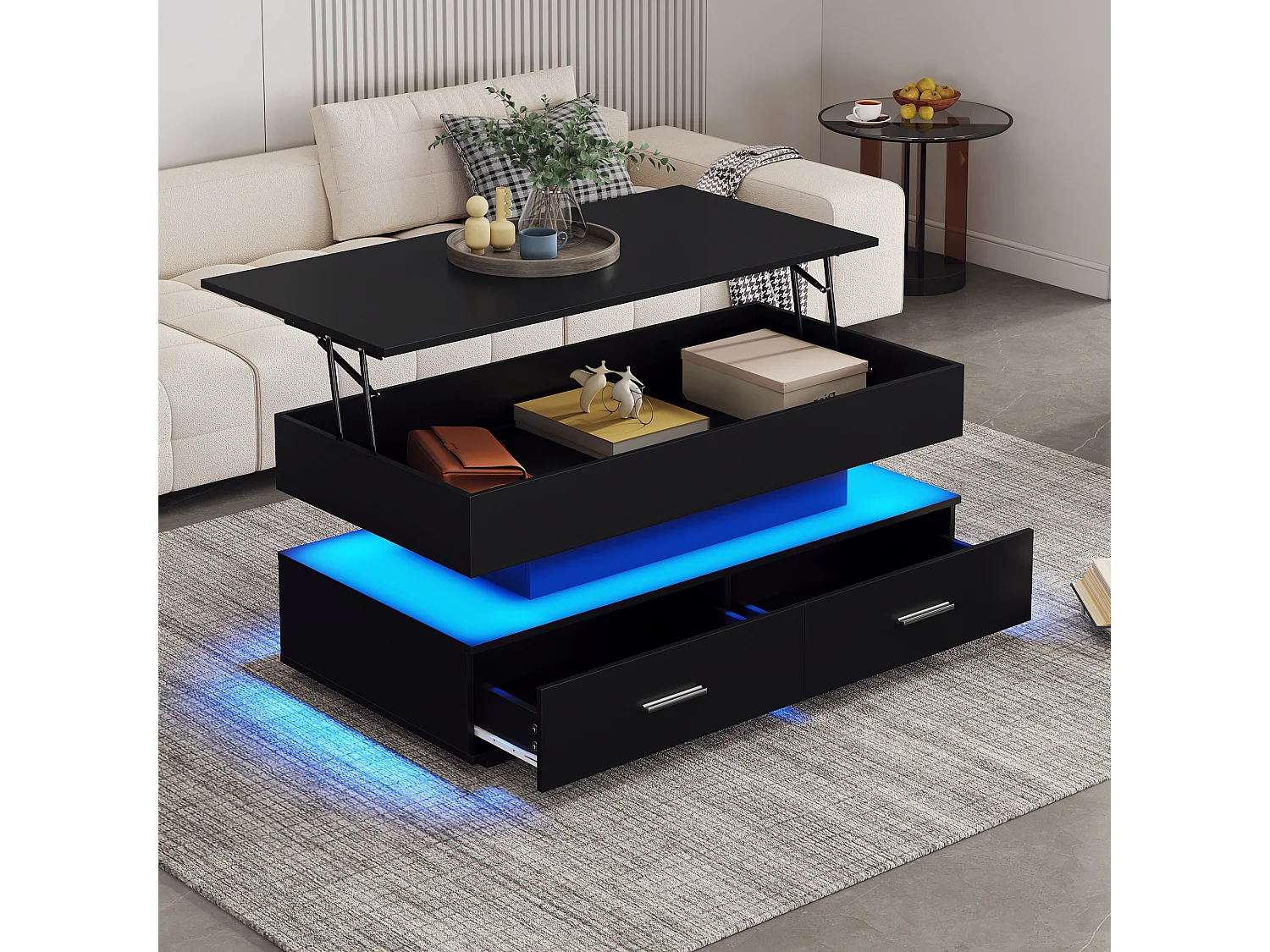 Hydrauliczny podnoszony stolik kawowy – 100 x 50 x 44 cm – z diodami LED + 2 szuflady – Płyta wiórowa – czarny 4171518