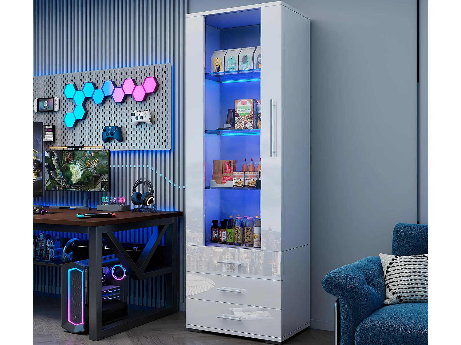 Błyszcząca witryna – z LED – 3 szuflady i półki – 60x35x180 cm – MDF – Biały 4182048