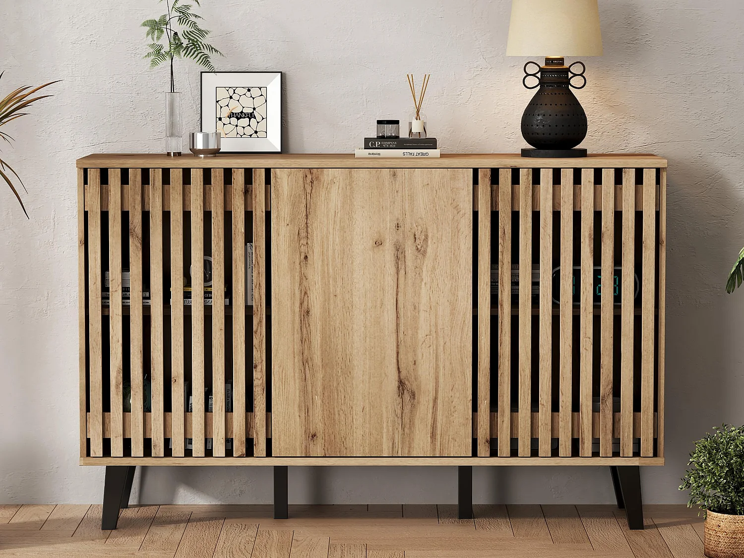 Bufet 150x40x95 cm – 3 drzwi i 6 przegródek do przechowywania – Styl skandynawski – Naturalny 4182078