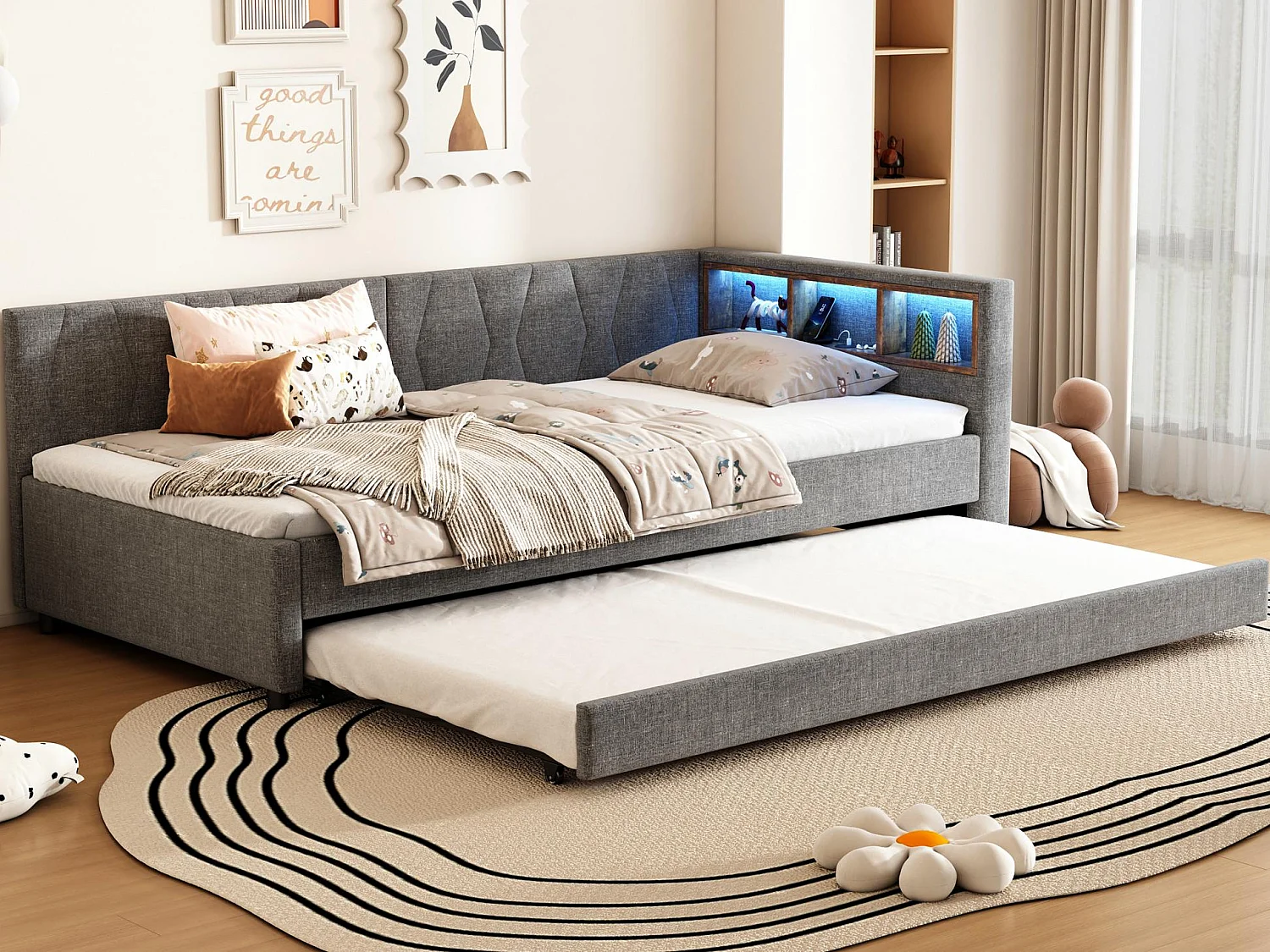 Kanapa rozkładana 90x200 cm - z łóżkiem wysuwanym - z portami USB + Type C - z oświetleniem LED - szary (materac nie jest w zestawie) 4182114 - obrazek 1