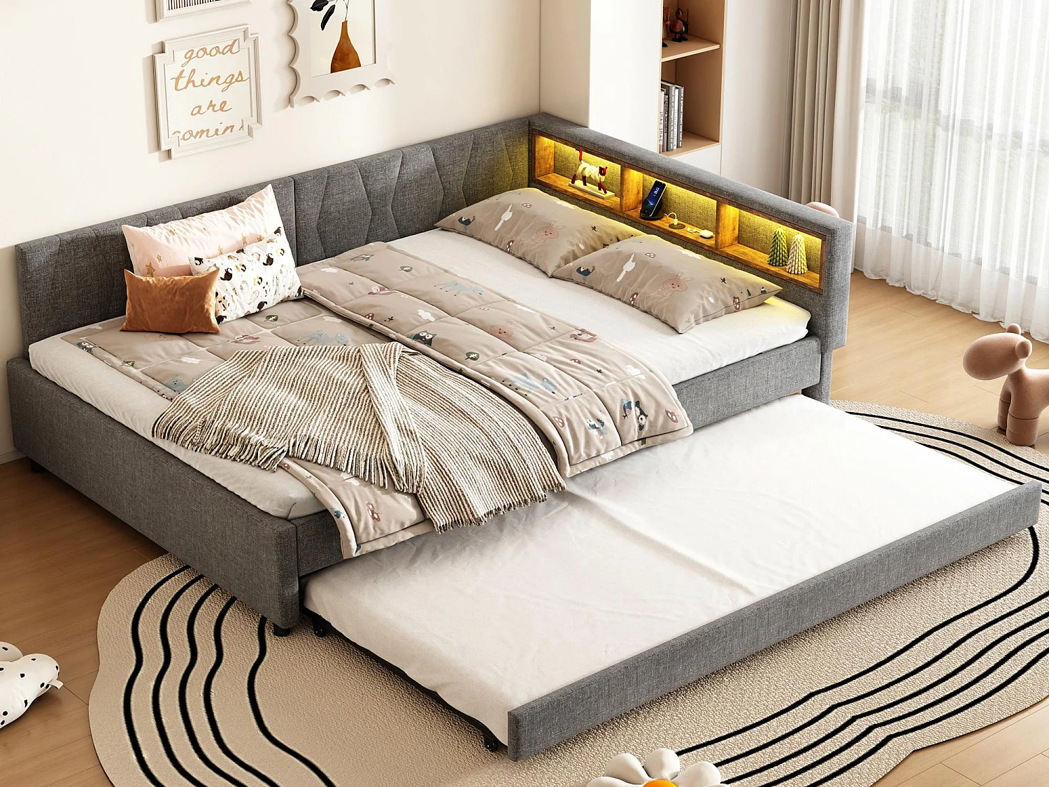 Kanapa rozkładana 140x200 cm - z łóżkiem wysuwanym - z portami USB + Type C - z oświetleniem LED - szary (materac nie jest w zestawie) 4182115 - obrazek 1