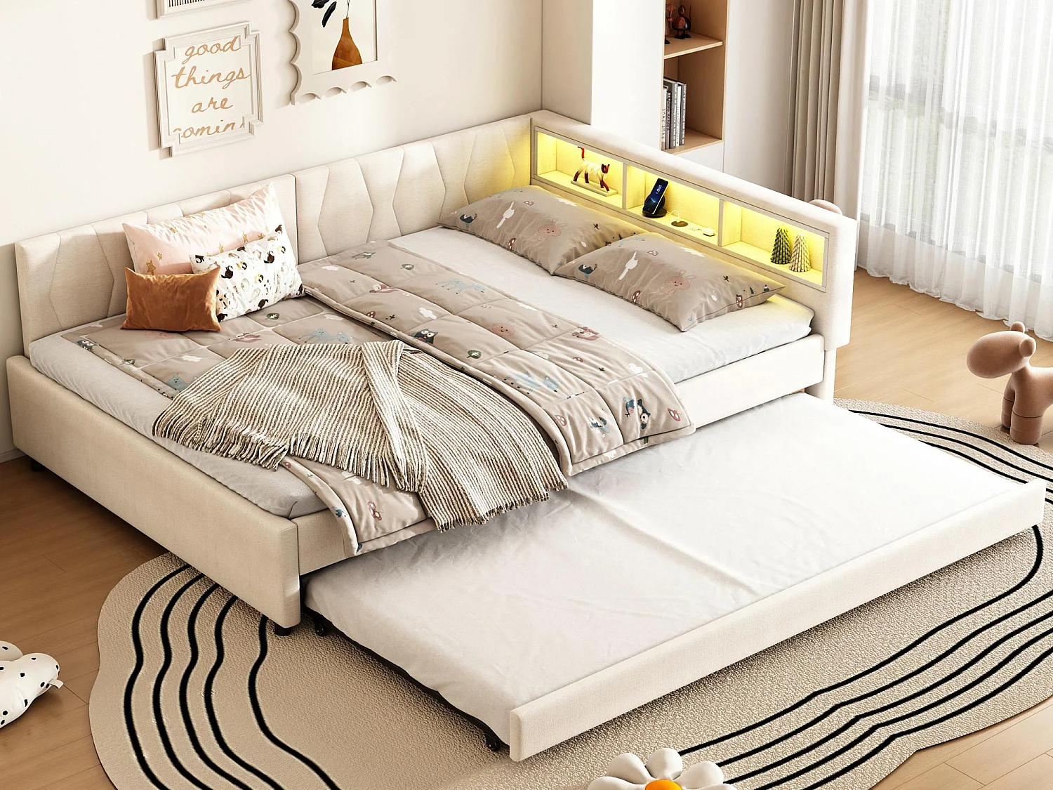 Kanapa rozkładana 140x200 cm - z łóżkiem wysuwanym - z portami USB + Type C - z oświetleniem LED - beżowy (materac nie jest w zestawie) 4182120 - obrazek 1