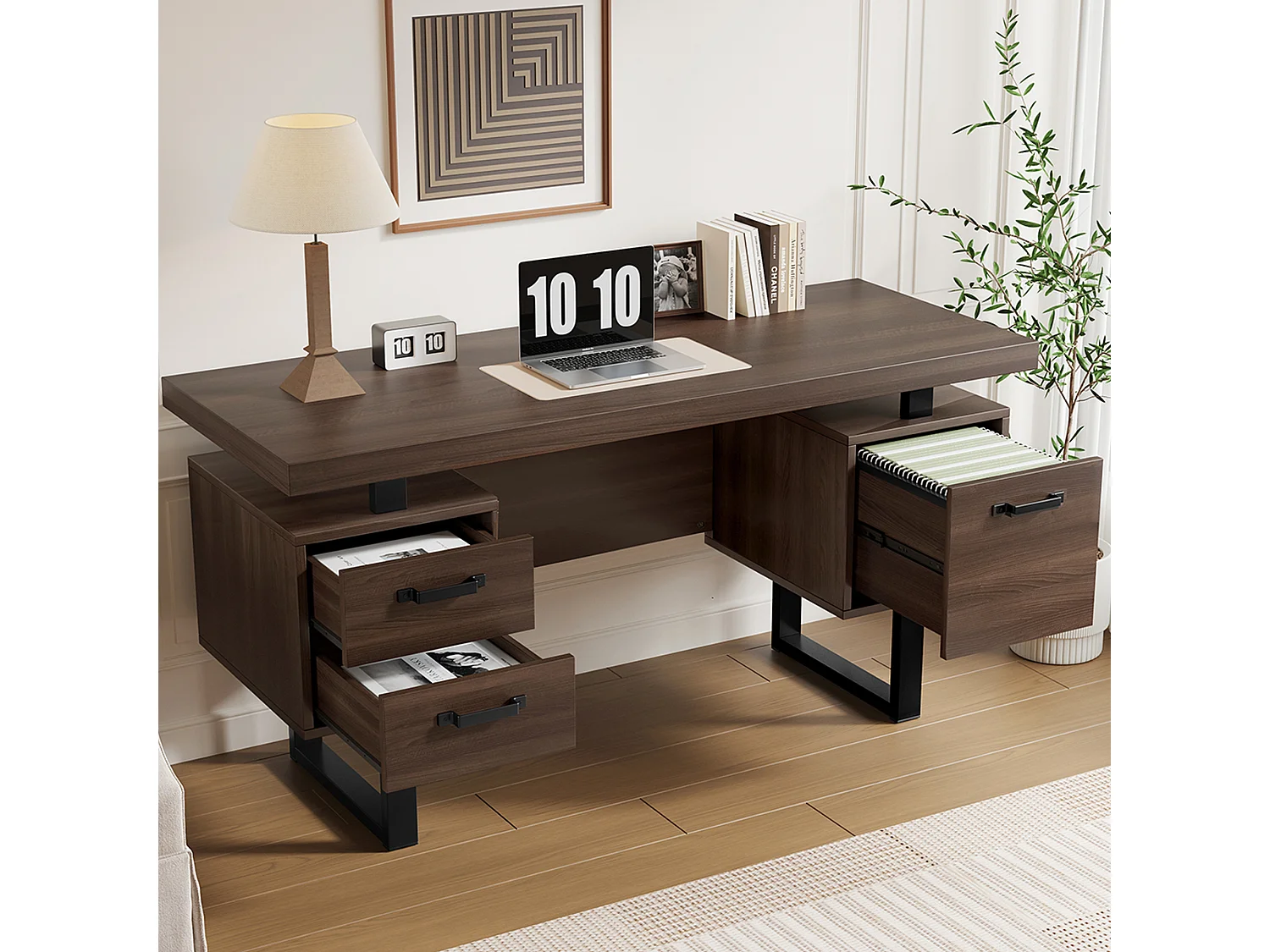 Biurko pojedyncze – 135 x 54 x 76 cm – z 3 cichymi szufladami – odporne na zachlapanie – MDF + Metal – brązowe 4188708