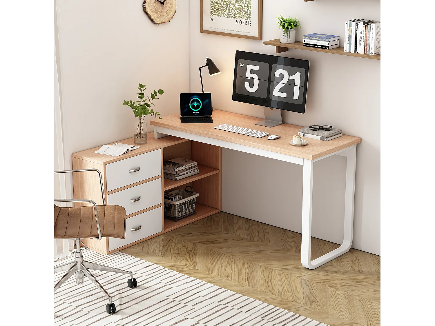Biurko pojedyncze – 147 x 100 x 75 cm – z 3 szufladami + 2 otwartymi przestrzeniami do przechowywania – MDF + Metal – naturalny 4188709