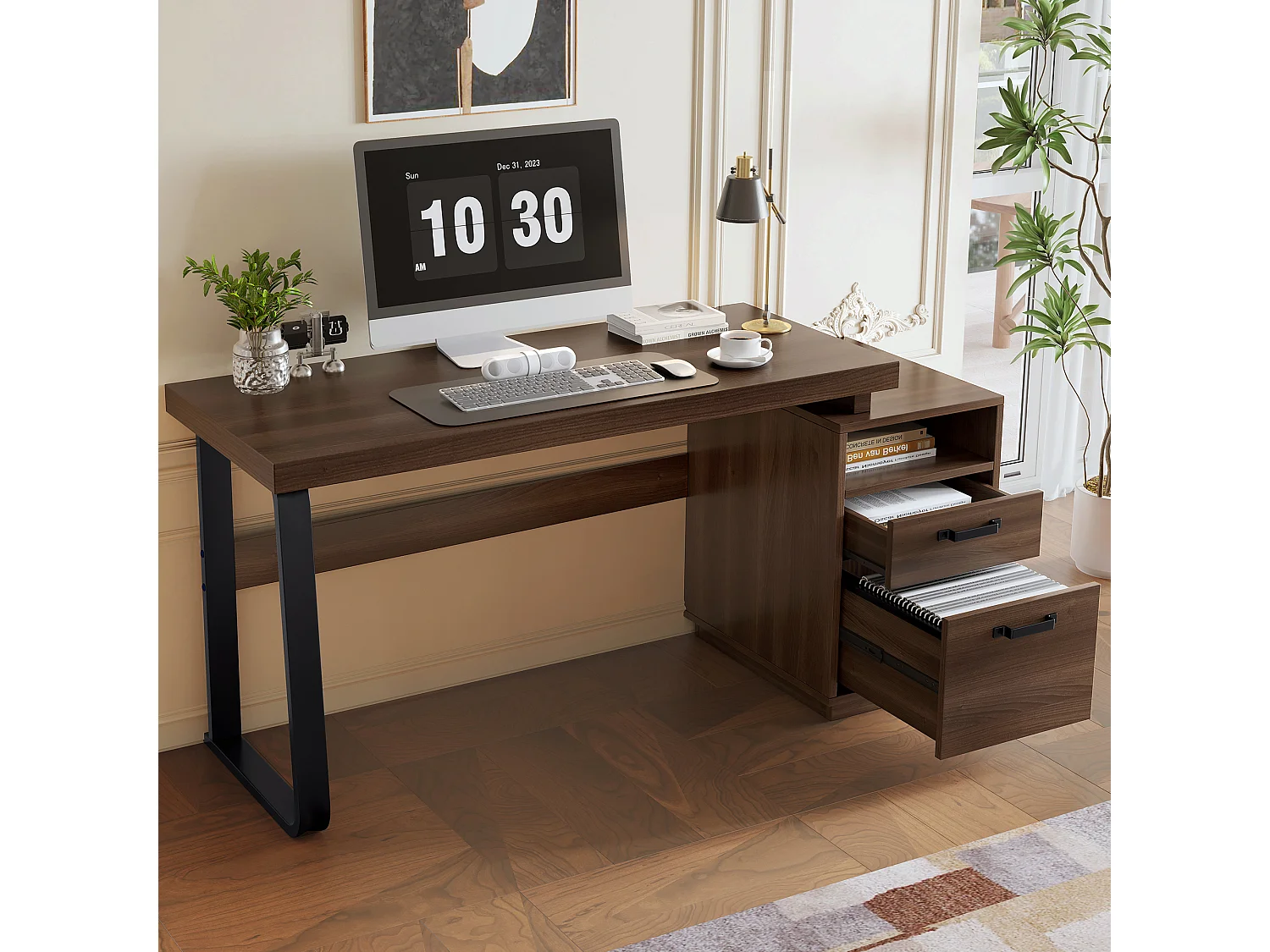 Biurko pojedyncze – 161 x 54 x 76 cm – z 2 cichymi szufladami – odporne na zachlapanie – MDF + Metal – brązowe 4188711