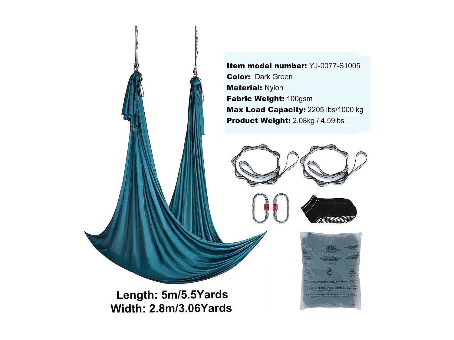 Hamak Powietrzny Do Jogi SucceBuy Hamak Do Jogi Powietrzny 5,5 Metra Nylon Zawieszony Sling Inwersja Zielony 4194122