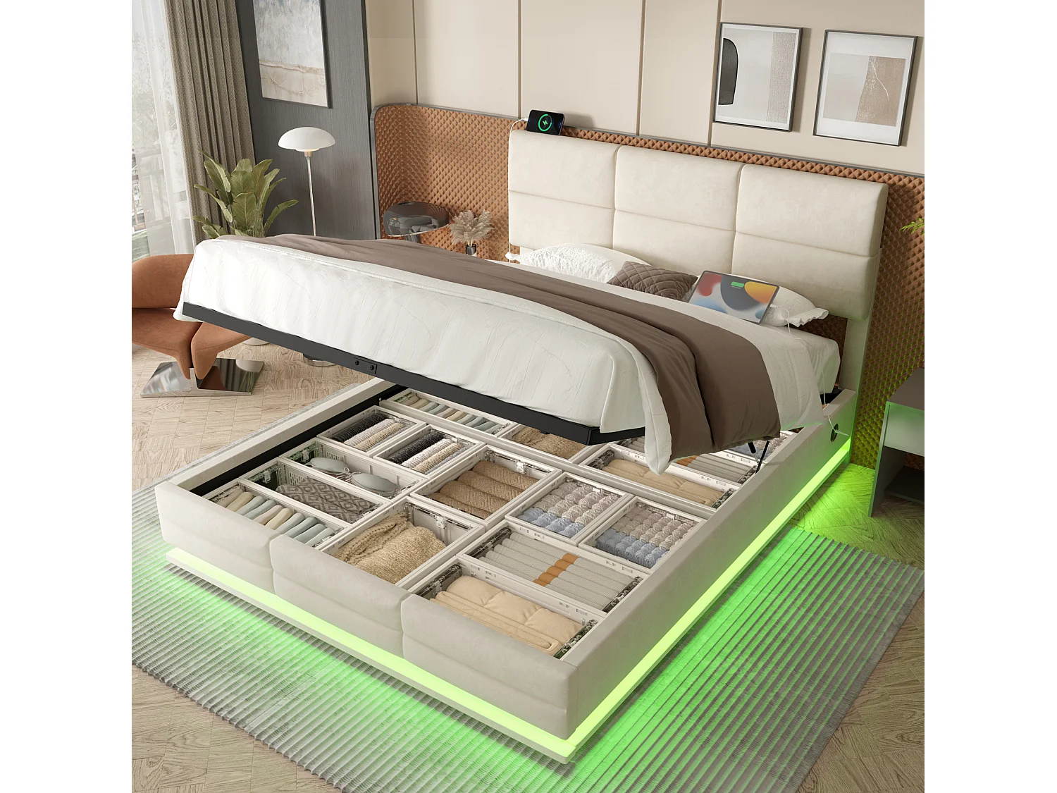 Łóżko 140×200 cm z pojemnikiem – łóżko dla dorosłych z ładowaniem USB i oświetleniem LED – regulowana wysokość zagłówka – biały aksamit – bez materaca 4214836