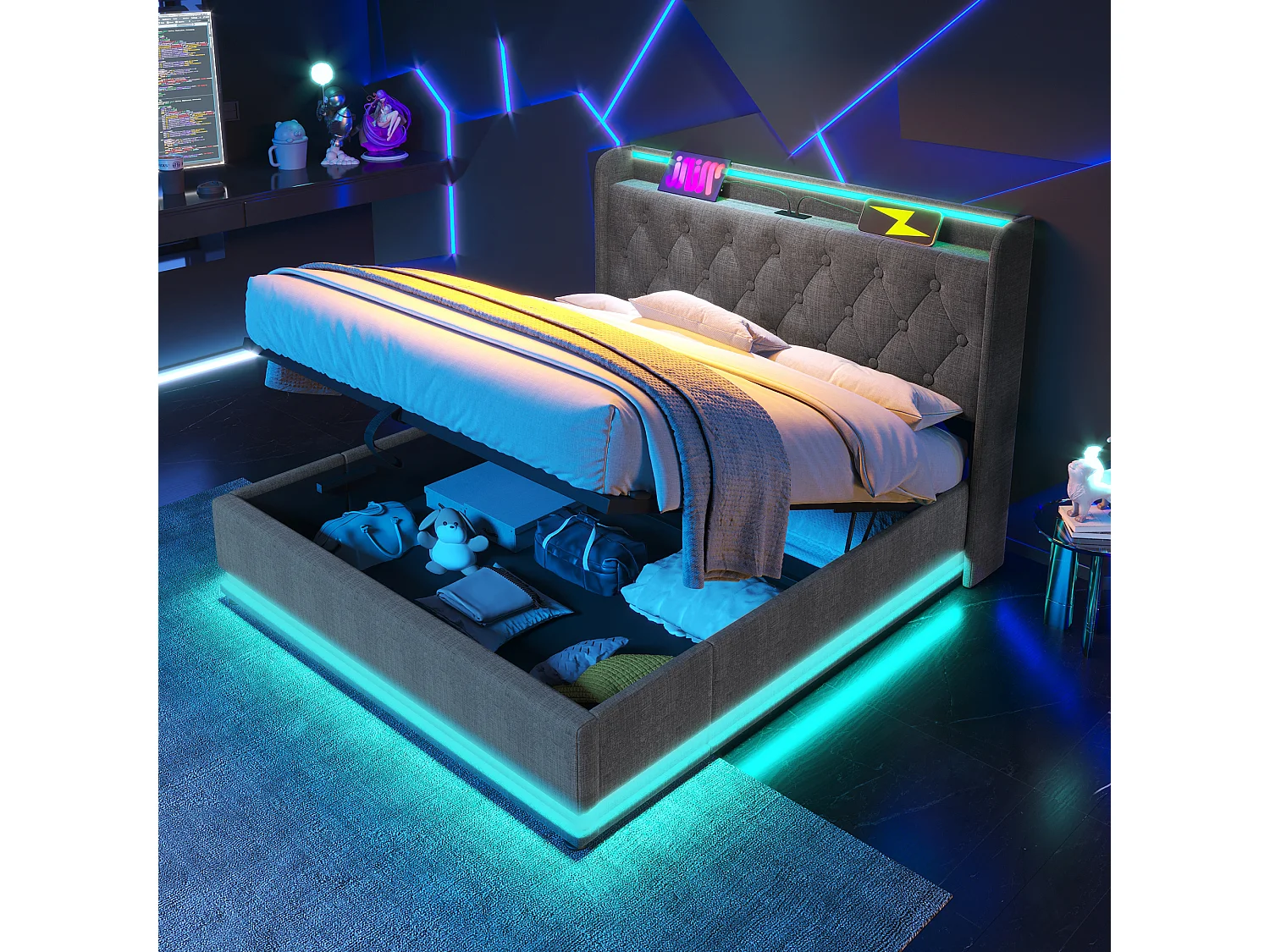 Łóżko 160x200 cm z pojemnikiem - Łóżko dla dorosłych z oświetleniem LED i ładowaniem USB - Szary len - Bez materaca 4214835 - obrazek 1