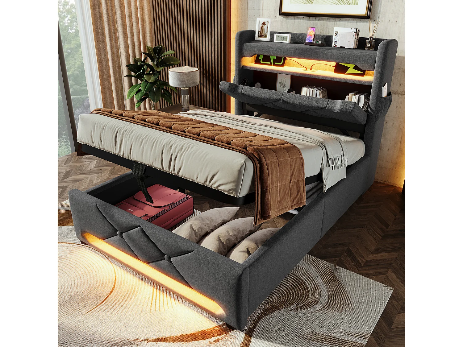 Łóżko 90x200 cm z pojemnikiem - Łóżko dla dorosłych z ładowaniem USB i oświetleniem LED - szary len - bez materaca 4214837 - obrazek 1