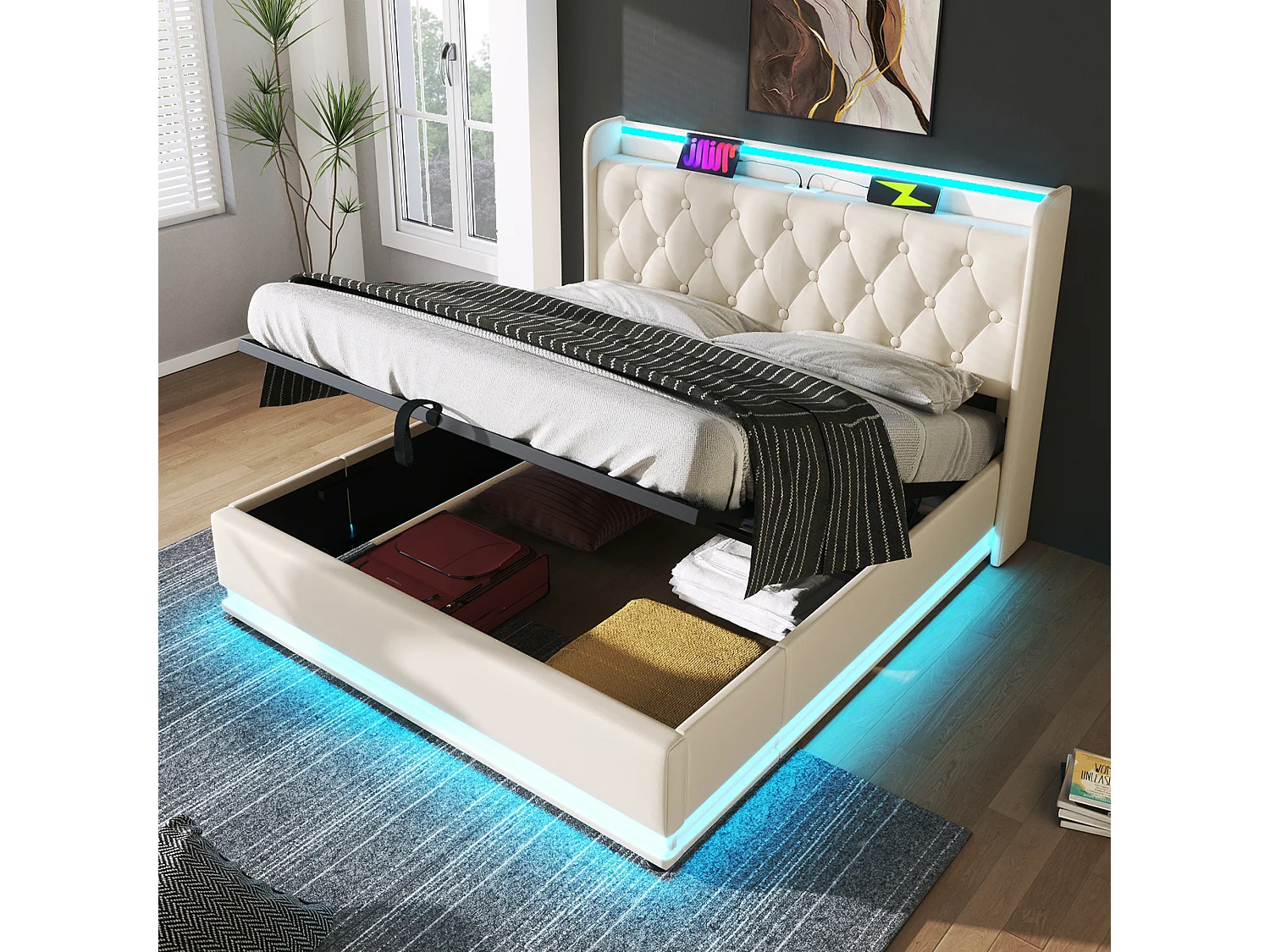 Łóżko 160x200 cm z pojemnikiem - Łóżko dla dorosłych z ładowaniem USB i oświetleniem LED - Biały PU - Bez materaca 4214842 - obrazek 1