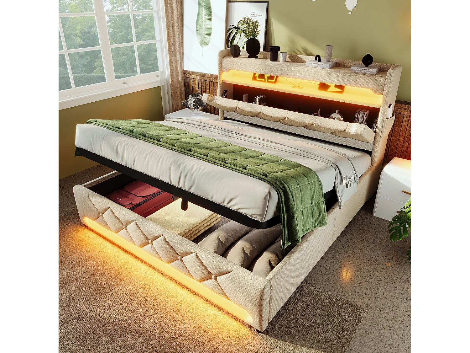 Łóżko 160x200 cm z pojemnikiem - Łóżko dla dorosłych z ładowaniem USB i oświetleniem LED - beżowy len - bez materaca 4214863 - obrazek 1