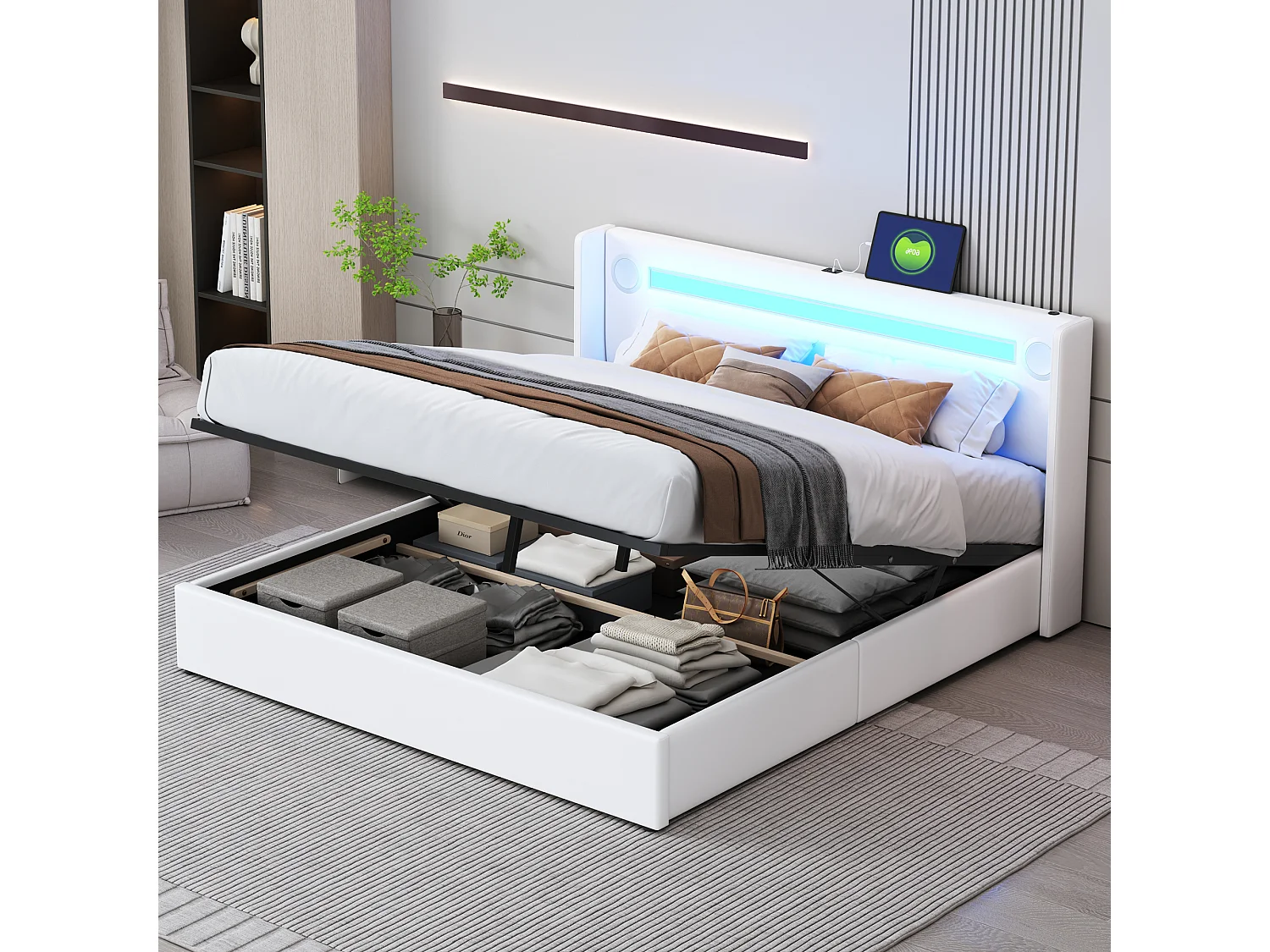 Łóżko 160x200 cm z pojemnikiem - Łóżko podwójne z USB, oświetleniem LED i odtwarzaczem Bluetooth - Biały poliuretan - Bez materaca 4214873 - obrazek 1