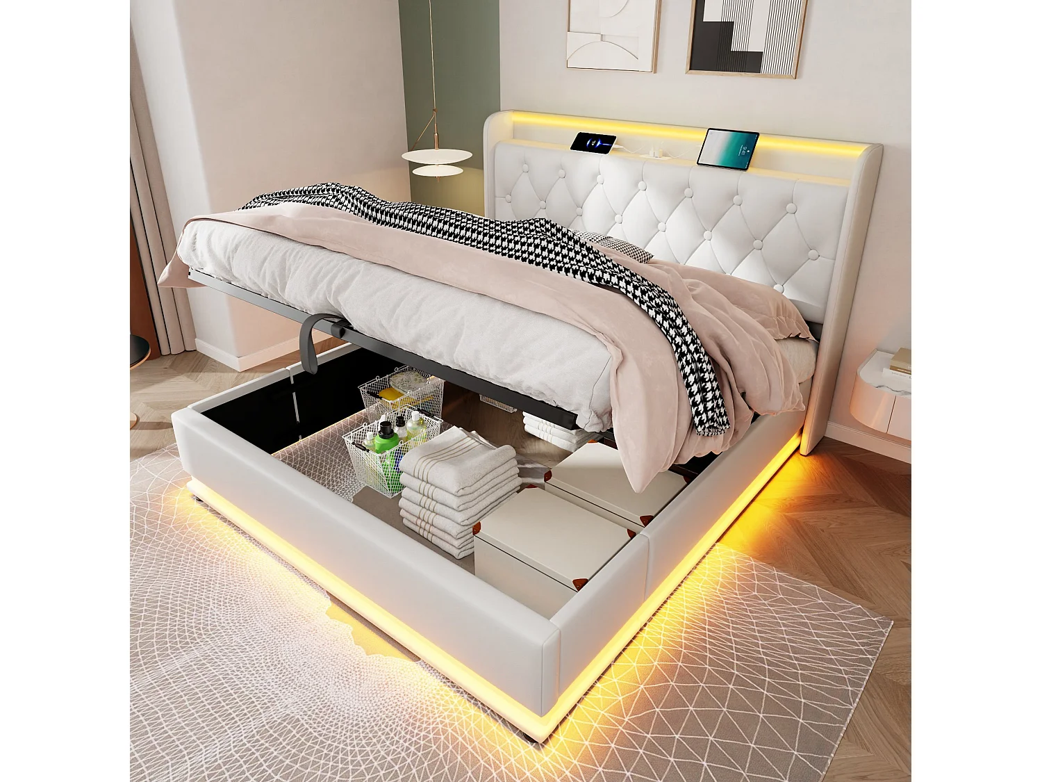 Łóżko 140×200 cm z pojemnikiem – Łóżko dla dorosłych z ładowaniem USB i oświetleniem LED – Biały PU – Bez materaca 4214876