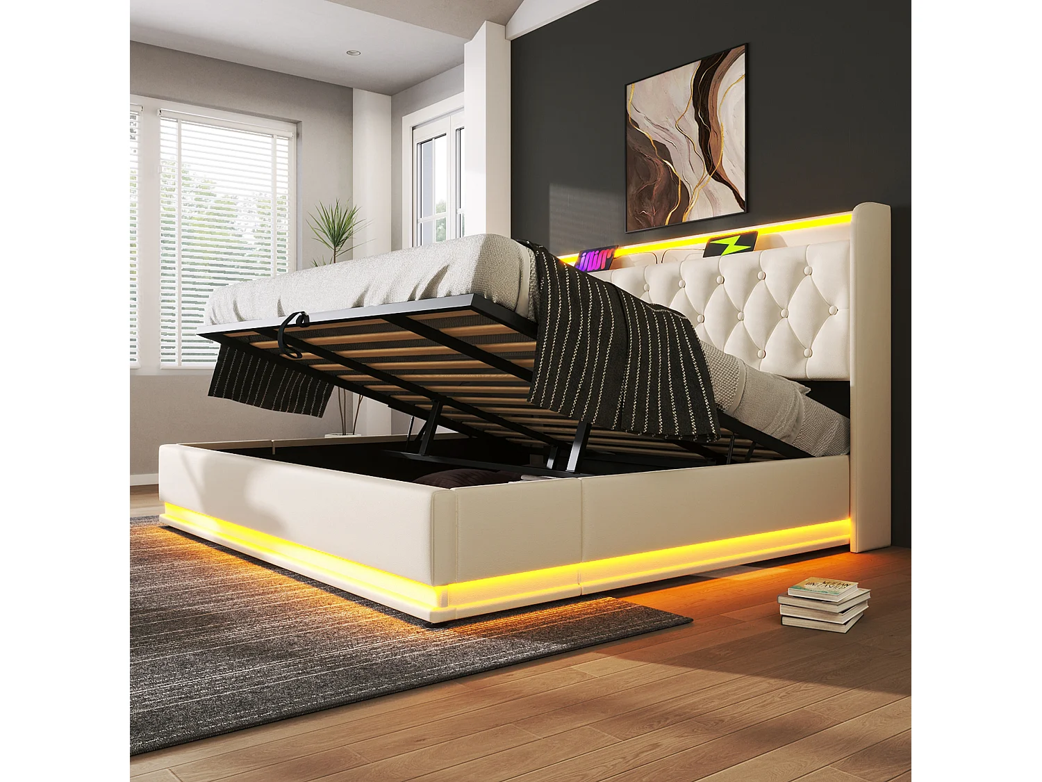 Łóżko 180x200 cm z pojemnikiem - Łóżko podwójne z oświetleniem LED i ładowaniem USB - biały poliuretan - bez materaca 4214886 - obrazek 1