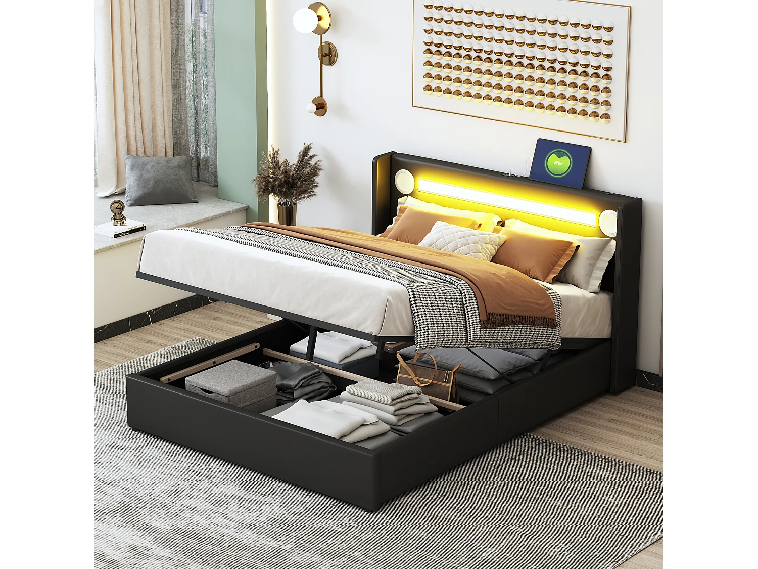 Łóżko 140×200 cm z pojemnikiem – Łóżko dla dorosłych z USB, oświetleniem LED i odtwarzaczem Bluetooth – Czarny poliuretan – Bez materaca 4214891