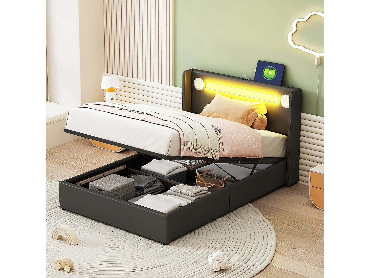 Łóżko 90x200 cm z pojemnikiem - Łóżko młodzieżowe z USB, oświetleniem LED i odtwarzaczem Bluetooth - Czarny poliuretan - Bez materaca 4214892 - obrazek 1