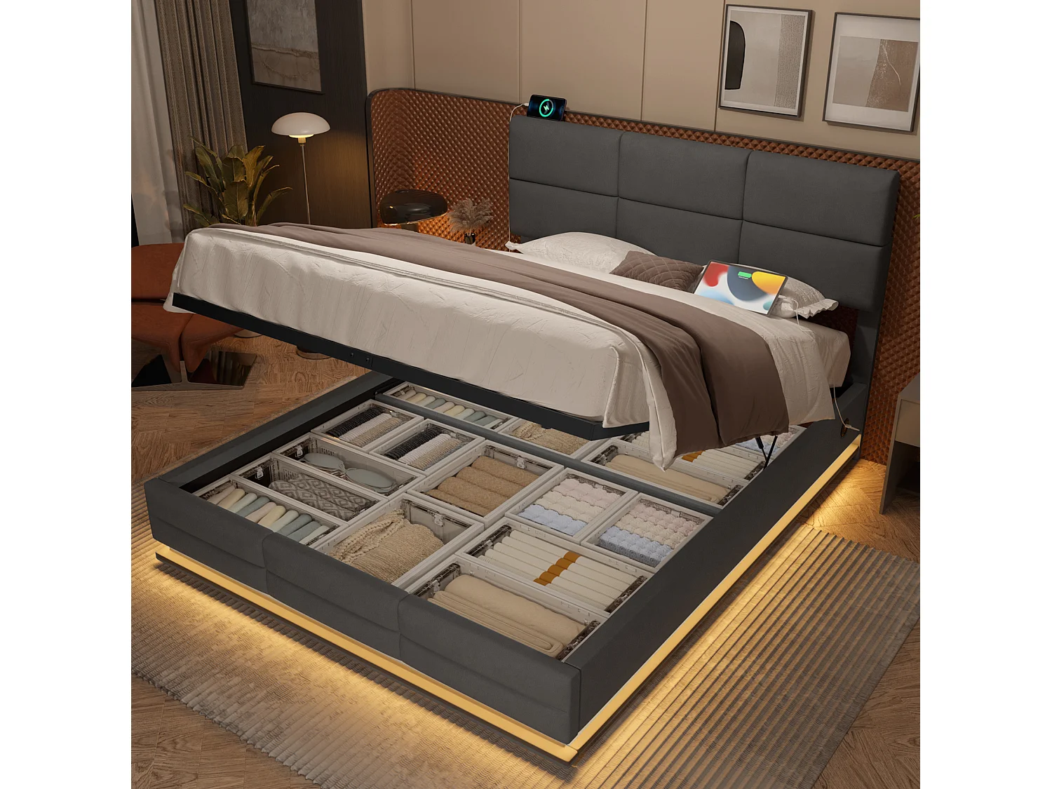 Łóżko 140×200 cm z pojemnikiem – łóżko dla dorosłych z ładowaniem USB i oświetleniem LED – regulowana wysokość zagłówka – szary aksamit – bez materaca 4214897