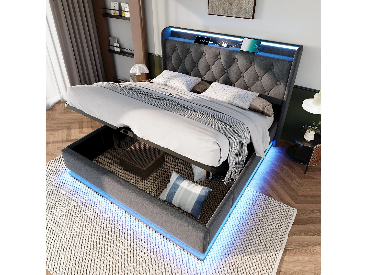 Łóżko 180x200 cm z pojemnikiem - Łóżko podwójne z oświetleniem LED i ładowaniem USB - Szary len - Bez materaca 4214902 - obrazek 1