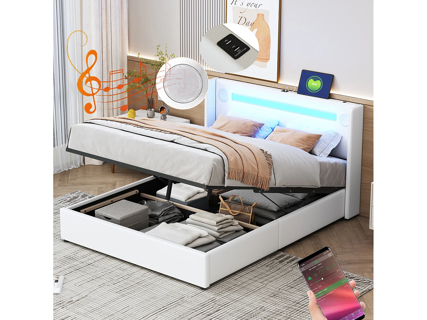 Łóżko 140×200 cm z pojemnikiem – Łóżko dla dorosłych z USB, oświetleniem LED i odtwarzaczem Bluetooth – Biały poliuretan – Bez materaca 4214904