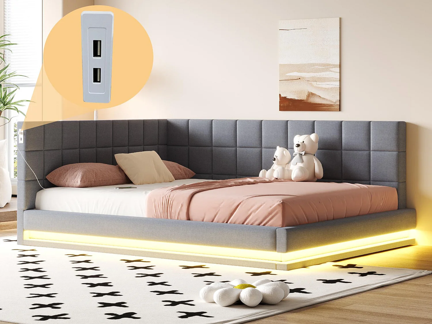 Kanapa rozkładana tapicerowana 160x200 cm - z taśmą LED - z portem USB - materiał welurowy - szara 4216547 - obrazek 1