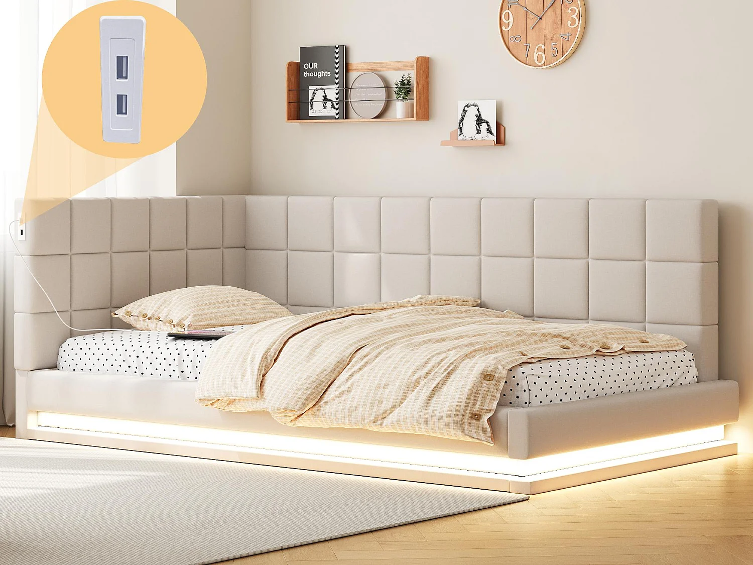 Kanapa rozkładana tapicerowana 90x200 cm - z taśmą LED - z portem USB - materiał welurowy - beżowa 4216548 - obrazek 1