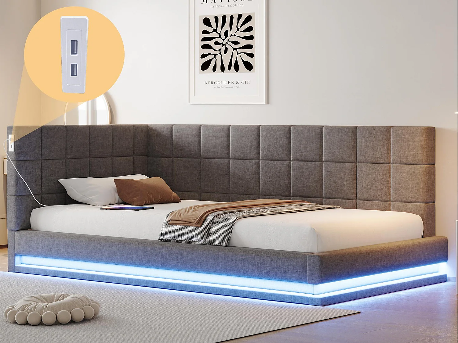 Kanapa rozkładana tapicerowana 90x200 cm - z taśmą LED - z portem USB - materiał welurowy - szara 4216550 - obrazek 1