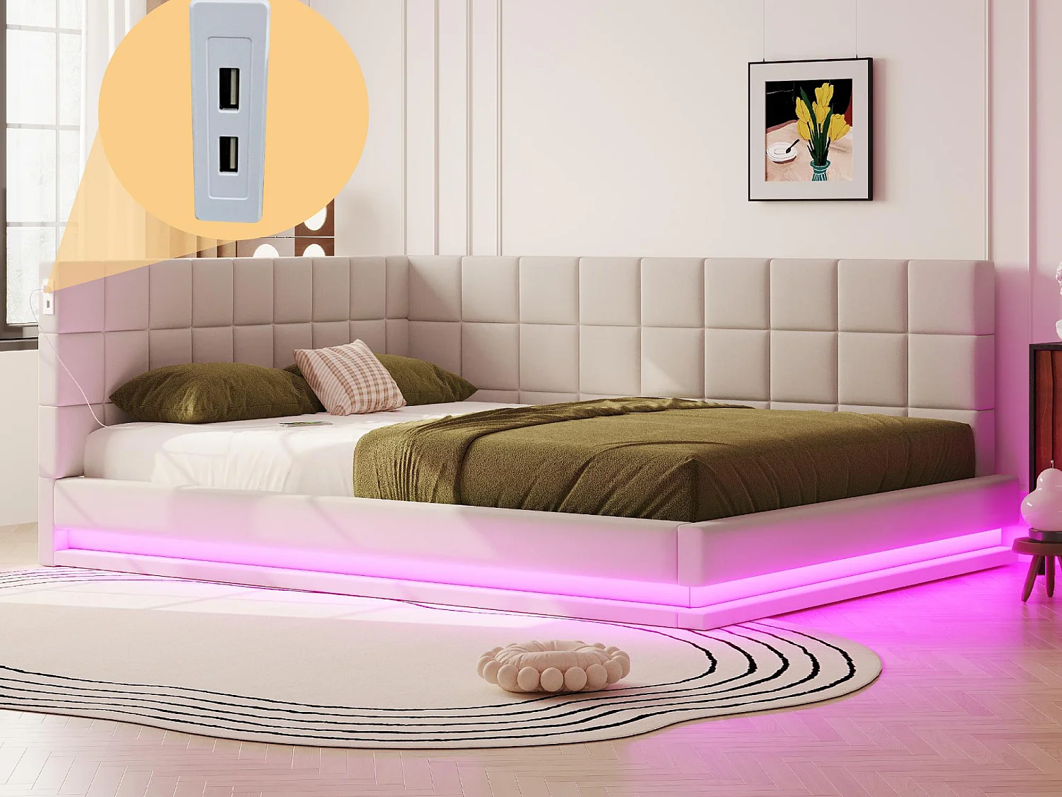 Kanapa rozkładana tapicerowana 160x200 cm - z taśmą LED - z portem USB - materiał welurowy - beżowa 4216551 - obrazek 1
