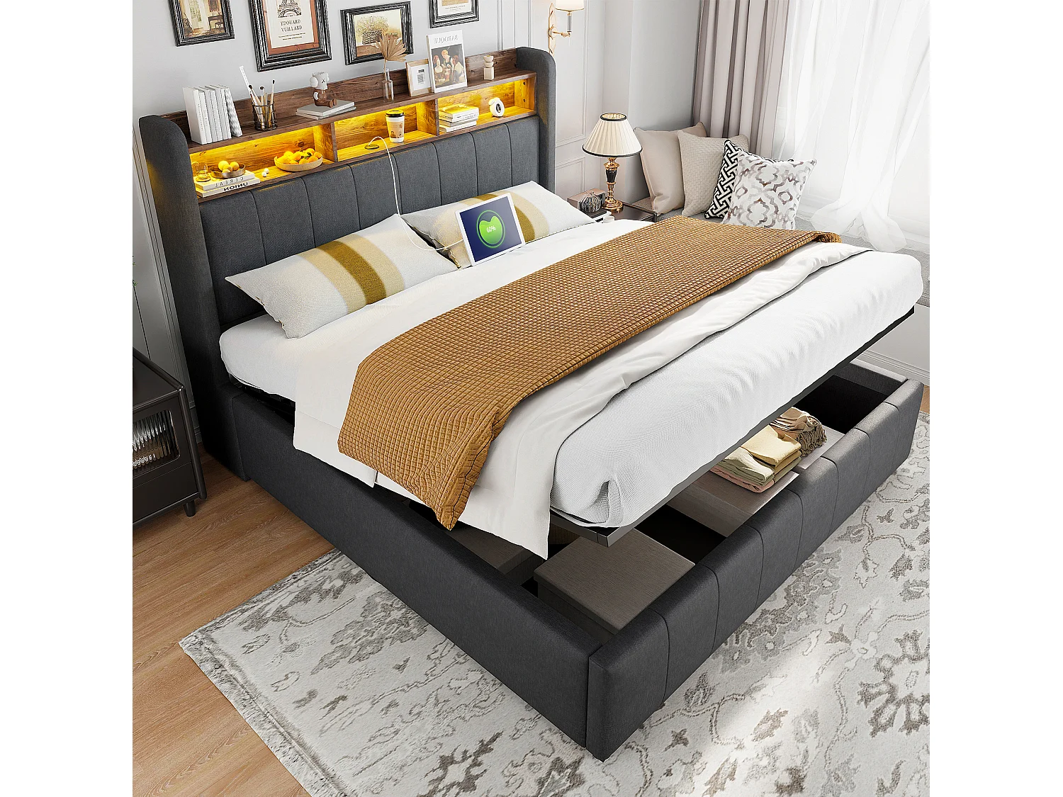 Łóżko 160x200 cm z pojemnikiem - Łóżko dla dorosłych z oświetleniem LED i ładowaniem USB - Zagłówek z półkami i schowkiem - szary len 4222855 - obrazek 1