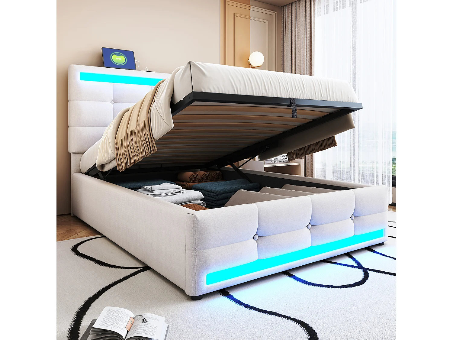 Łóżko 90x200 cm z pojemnikiem - Łóżko dziecięce z ładowaniem USB i oświetleniem LED - beżowy len - bez materaca 4222858 - obrazek 1