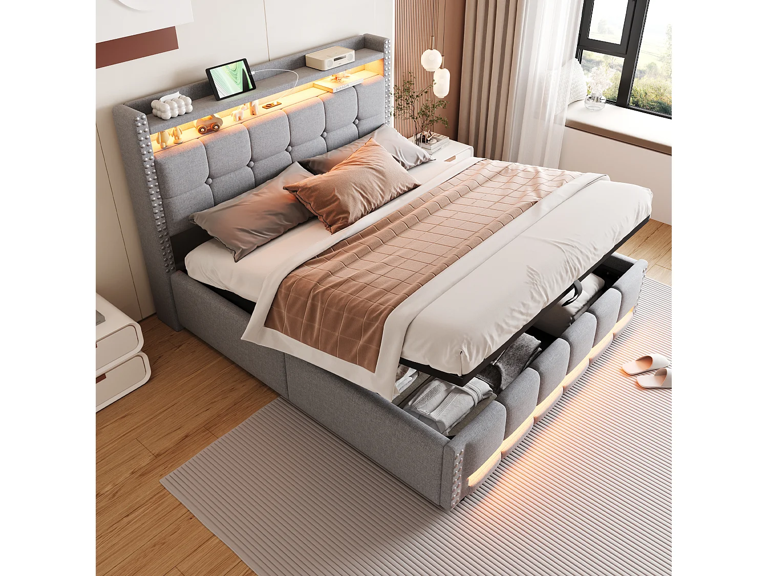 Łóżko 160x200 cm z pojemnikiem - Łóżko dla dorosłych Łóżko z oświetleniem LED i portem USB - Zagłówek z półkami i schowkiem - Jasnoszary len 4222872 - obrazek 1