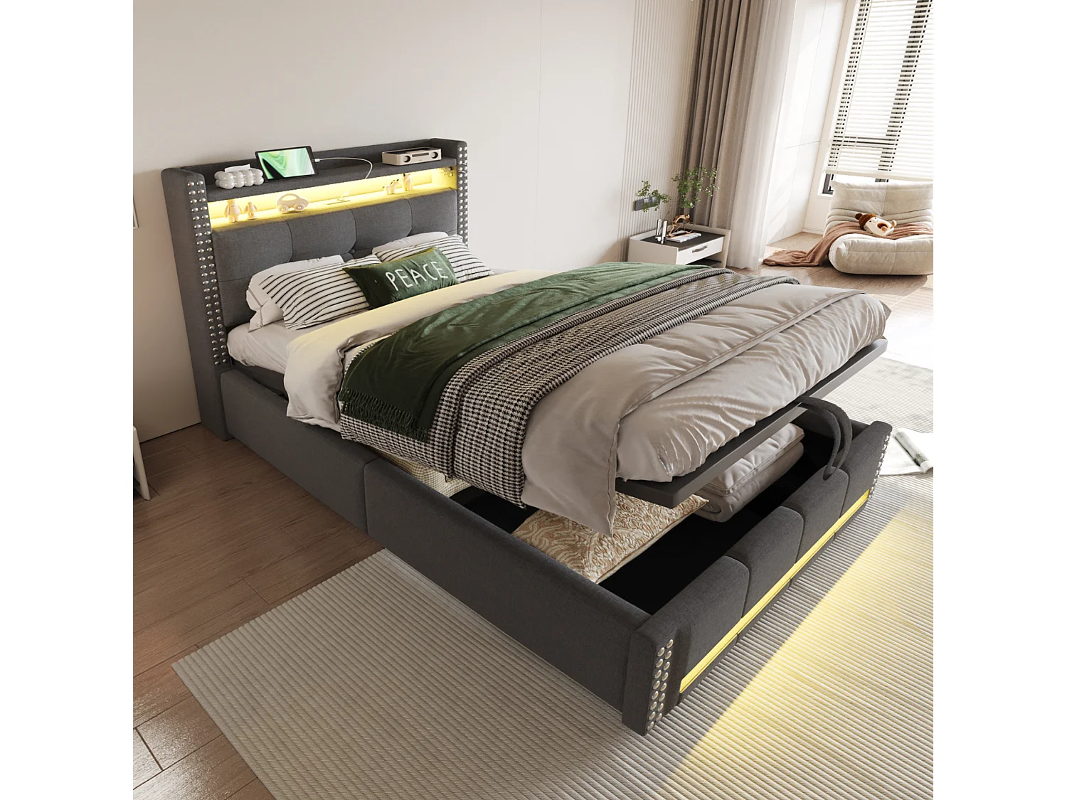 Łóżko 90x200 cm z pojemnikiem - Łóżko dziecięce z oświetleniem LED i ładowaniem USB - Zagłówek ze schowkiem - szary len 4222880 - obrazek 1