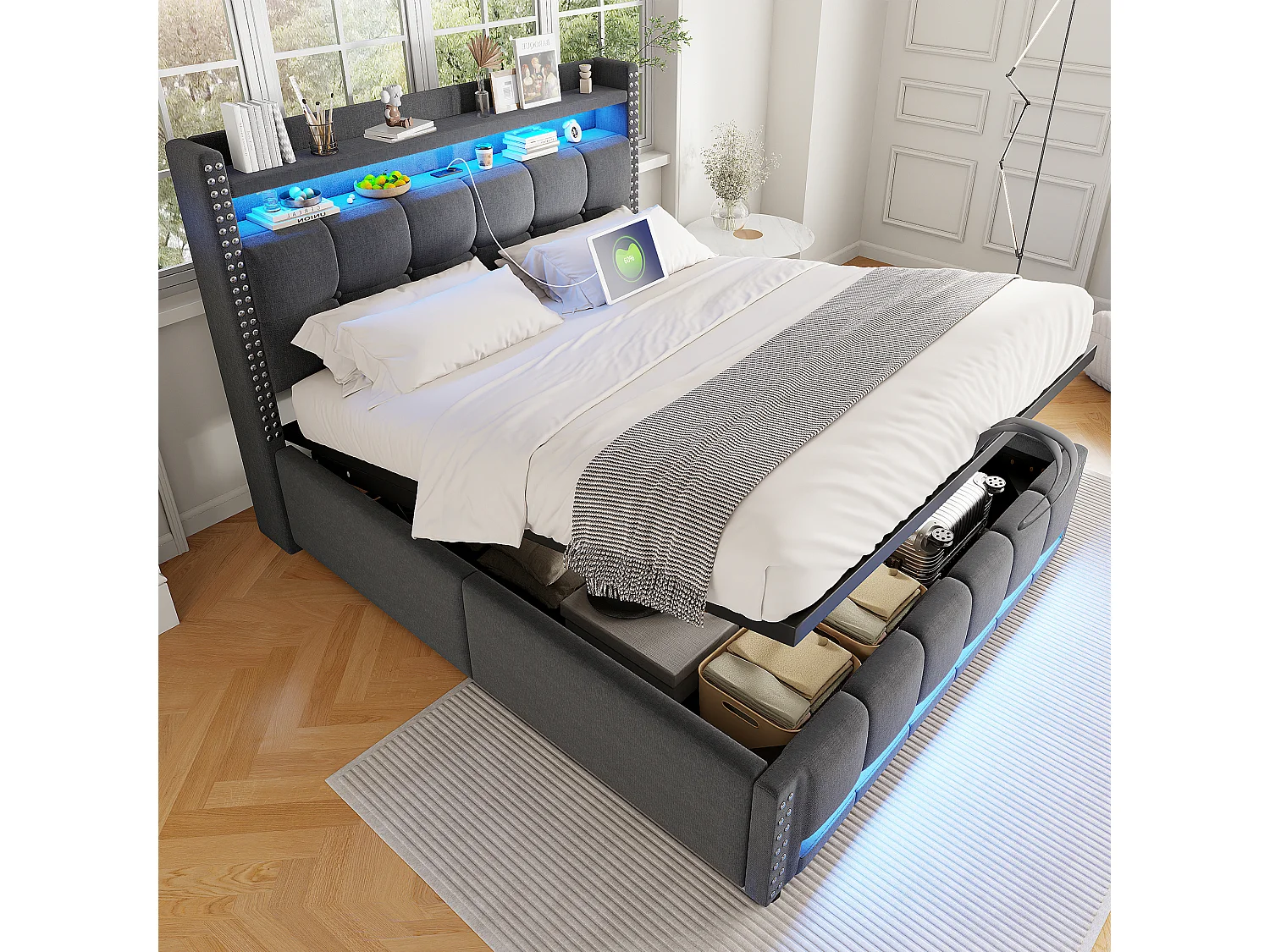 Łóżko 160x200 cm z pojemnikiem - Łóżko dla dorosłych z oświetleniem LED i ładowaniem USB - Zagłówek ze schowkiem - szary len 4222885 - obrazek 1