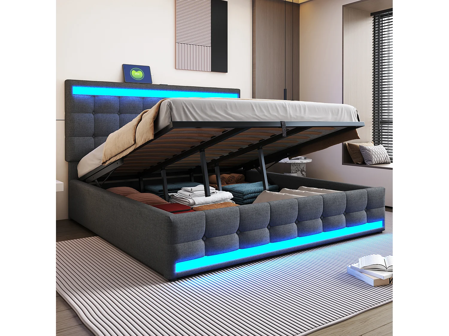 Łóżko 180x200 cm z pojemnikiem - Łóżko dziecięce z ładowaniem USB i oświetleniem LED - szary len - bez materaca 4222896 - obrazek 1