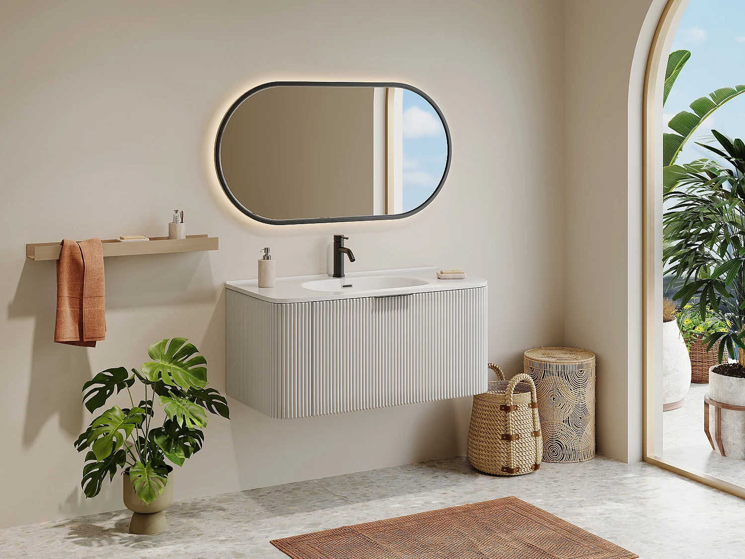 Szafka łazienkowa wisząca ryflowana z umywalką wpuszczaną w blat – Biały mat – 100 cm – LOMERI 4132410