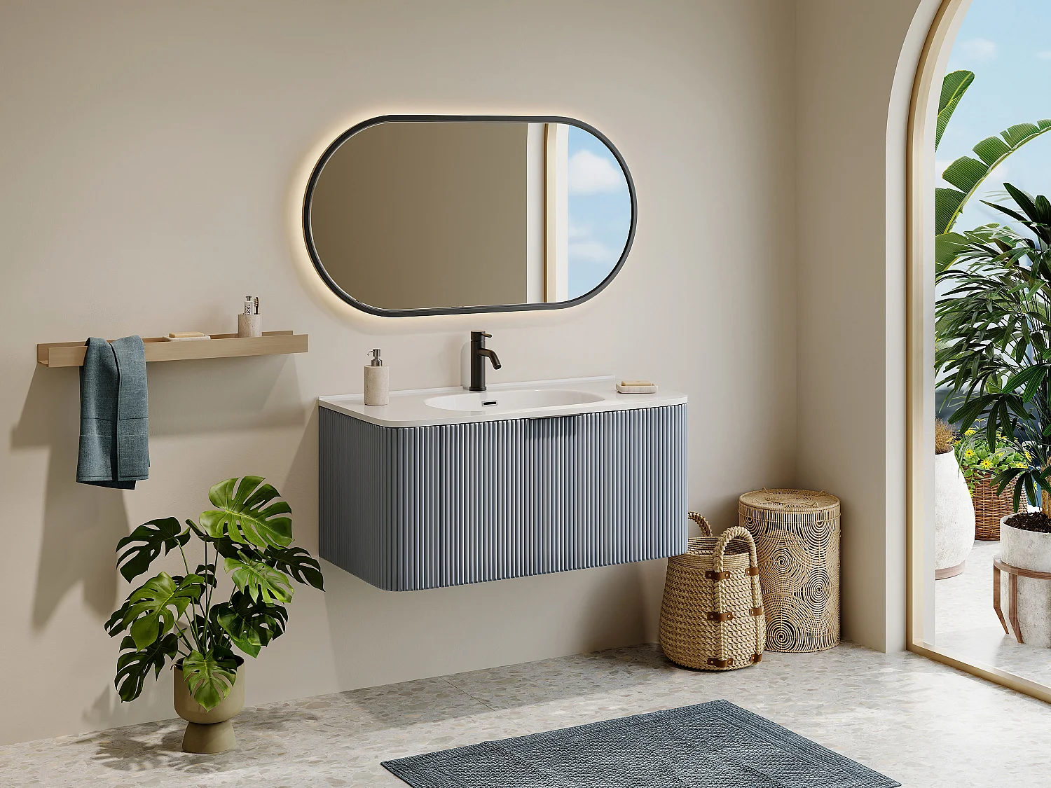 Szafka łazienkowa wisząca ryflowana z umywalką wpuszczaną w blat – Niebieski mat – 100 cm – LOMERI 4132411