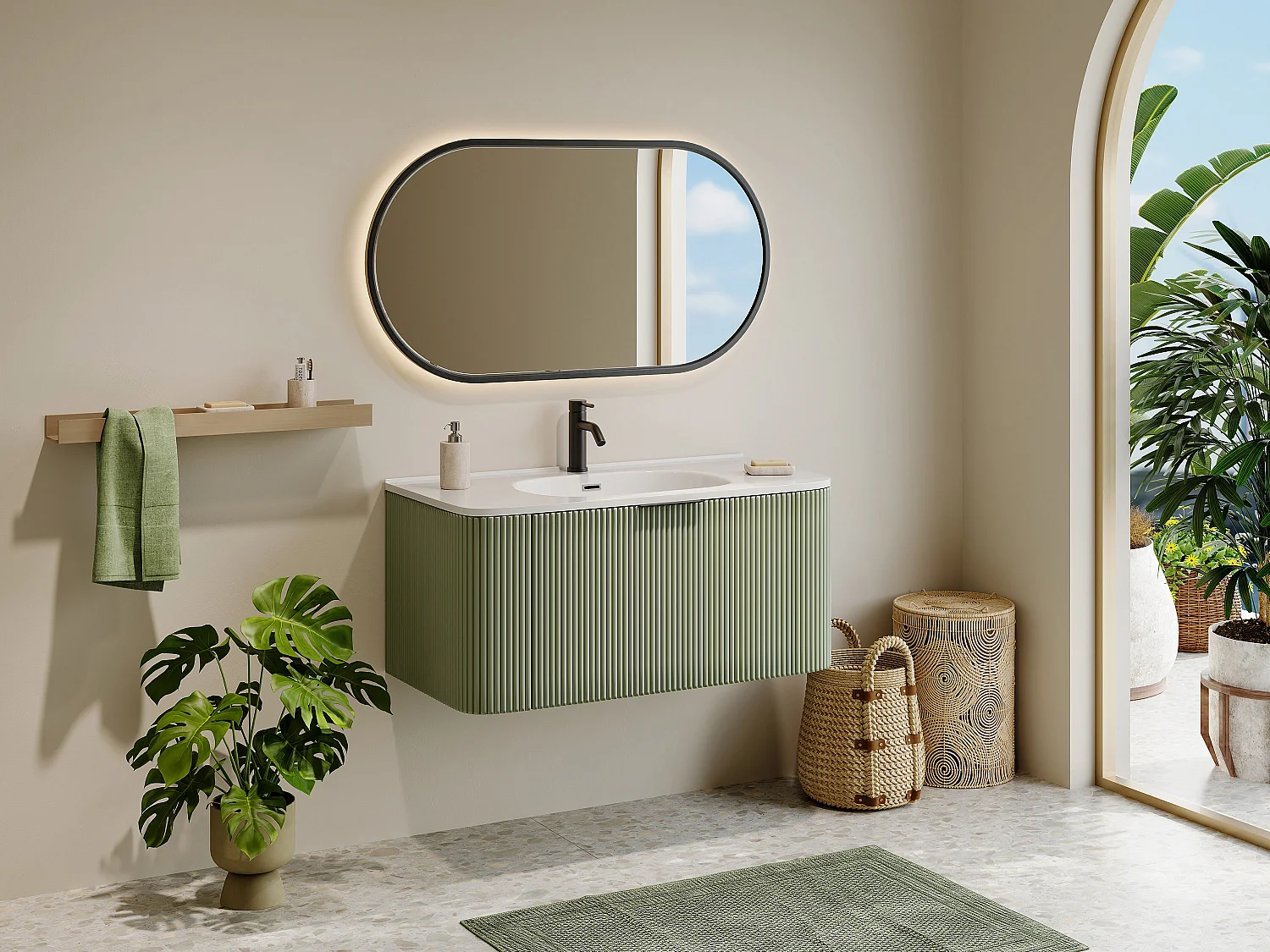 Szafka łazienkowa wisząca ryflowana z umywalką wpuszczaną w blat – Zielony mat – 100 cm – LOMERI 4132412