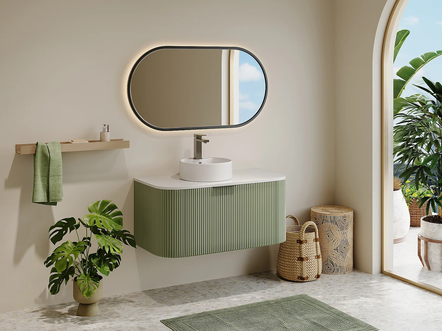 Szafka pod umywalkę wisząca ryflowana – Zielony mat – 100 cm – LOMERI 4132415