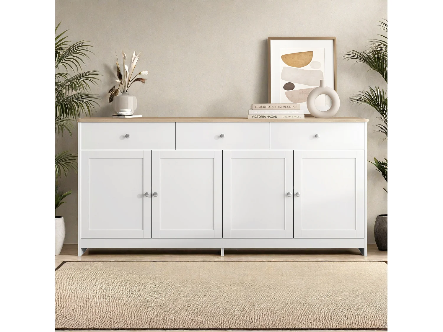 Bufet Kredens 4 Drzwi 3 Szuflady Biały i Drewno 160x37x75 cm – Przechowywanie Salon Kuchnia Styl Rustykalny Nowoczesny 4225883