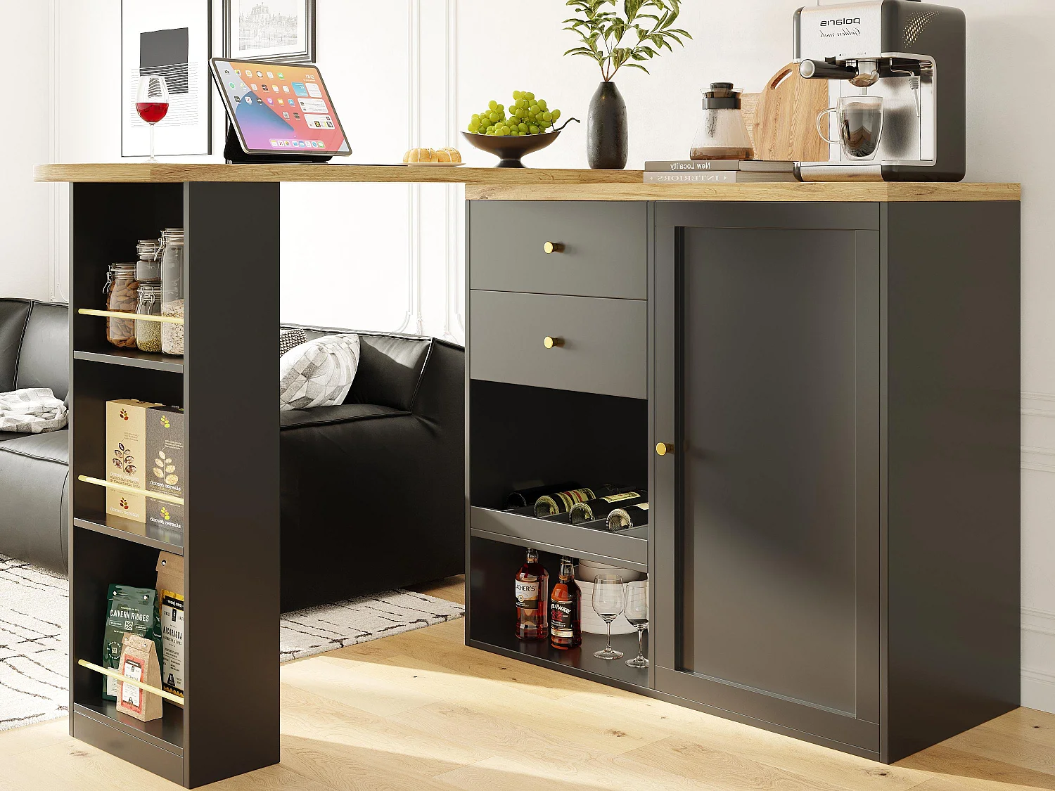 Bufet, obrotowy i chowany mebel barowy – 2 szuflady i 6 przegród – Czarny 3579457
