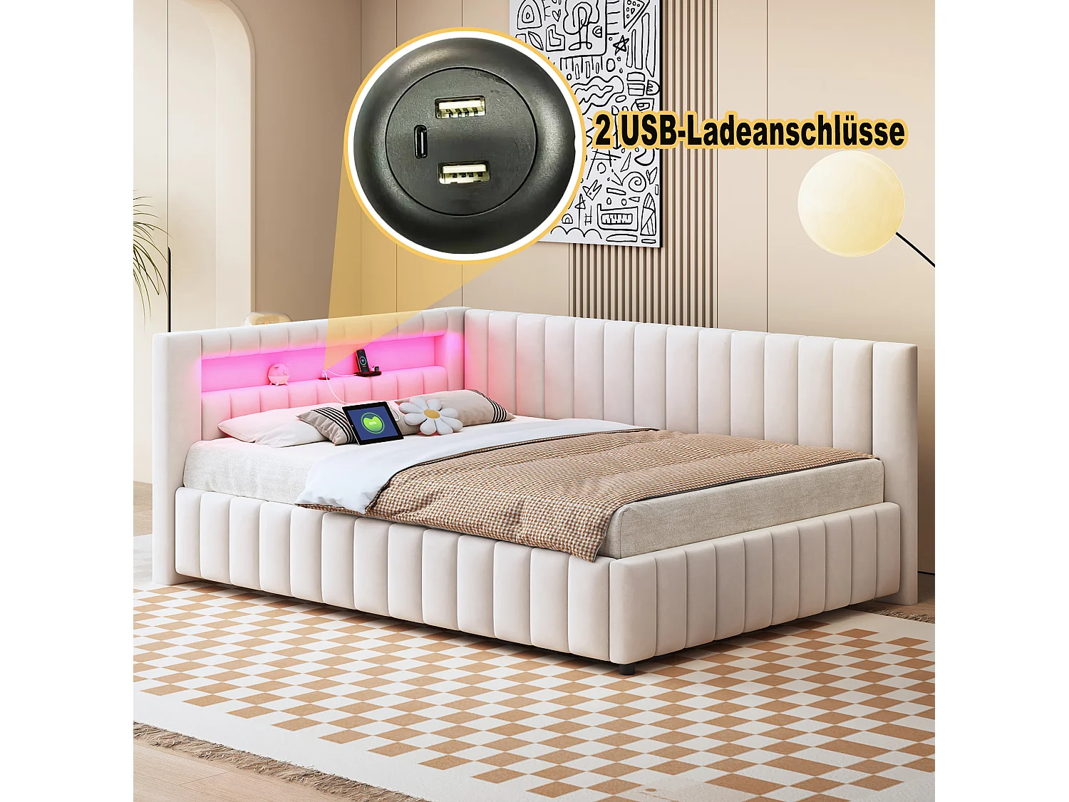 Leżanka 140×200 cm – Beżowy aksamit – Łóżko dla dorosłych z lampkami LED i portem ładowania USB – Bez materaca 4252196