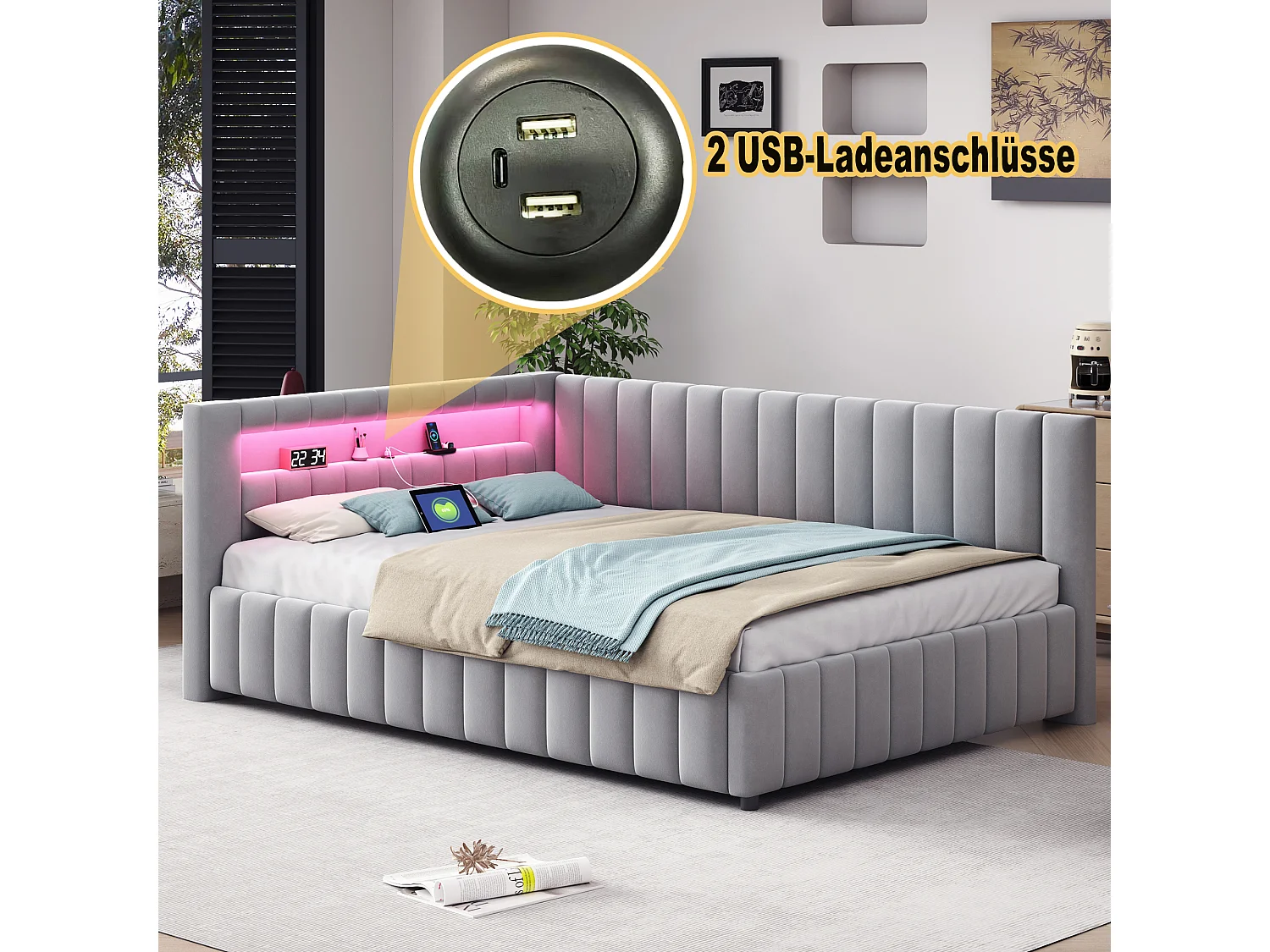 Leżanka 140×200 cm – Szary aksamit – Łóżko dla dorosłych z lampkami LED i portem ładowania USB – Bez materaca 4252200