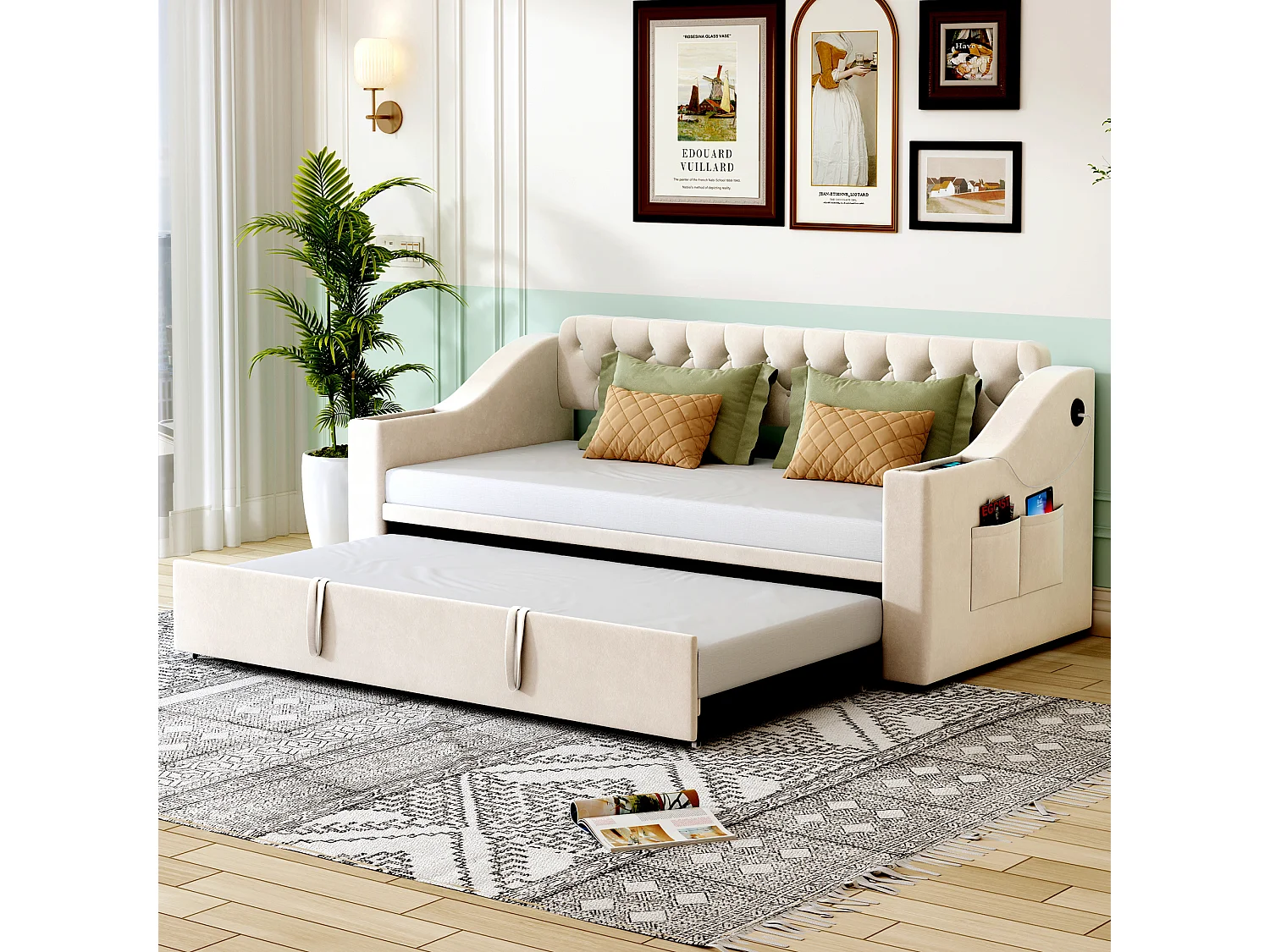 Leżanka 90/180 x 190 cm – beżowy aksamit – łóżko dla dorosłych z funkcją ładowania przez USB – stelaż z listew – bez materaca 4252207