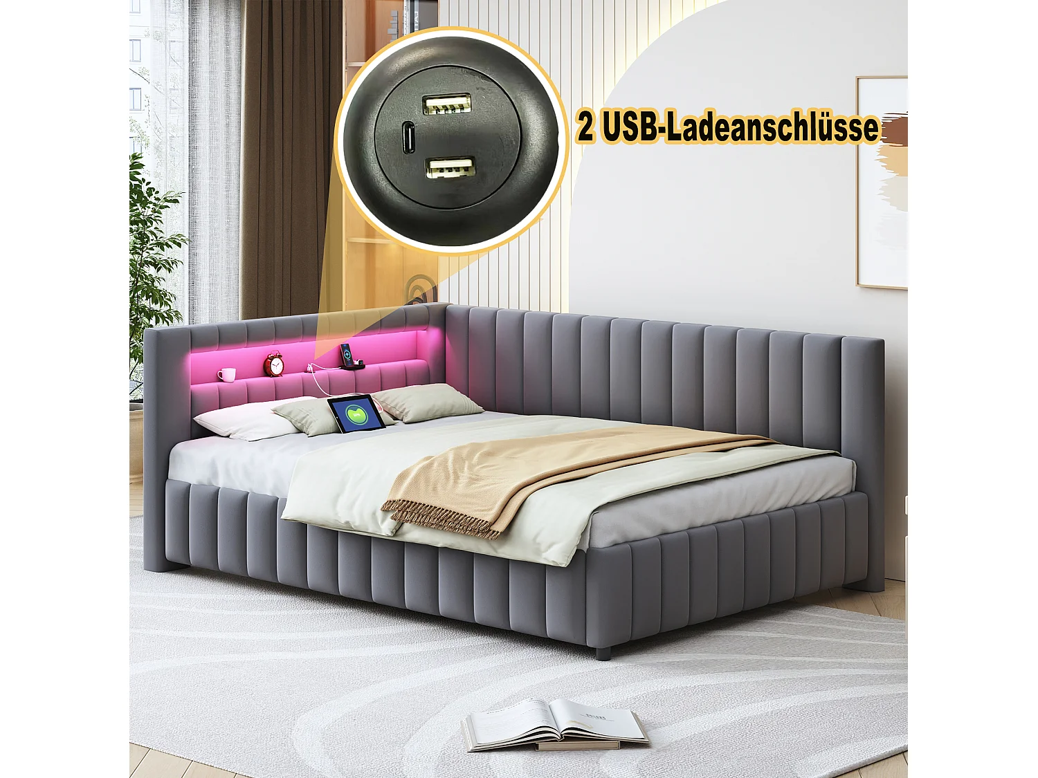 Leżanka 140×200 cm – Ciemnoszary aksamit – Łóżko dla dorosłych z lampkami LED i portem ładowania USB – Bez materaca 4252209