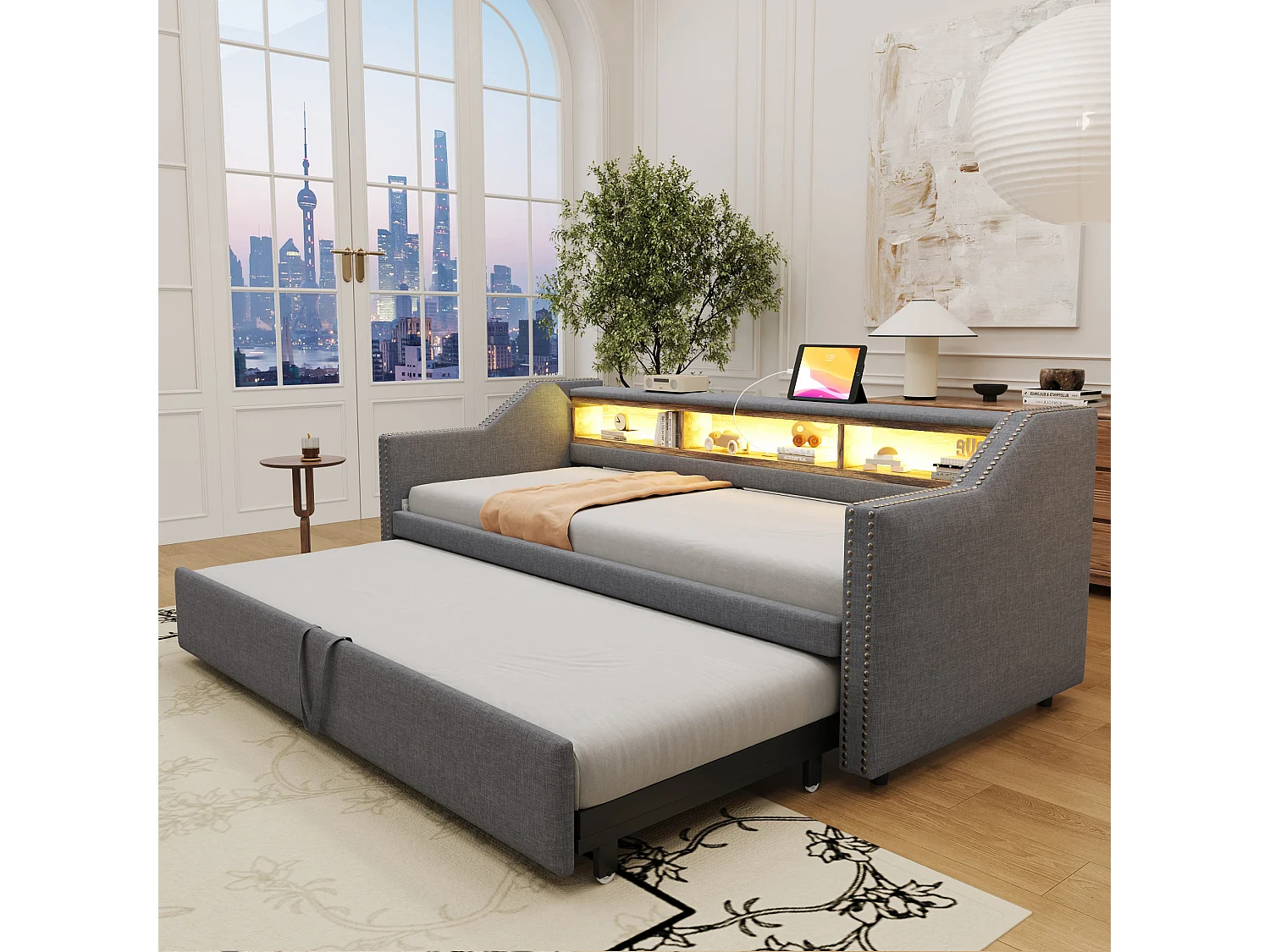 Leżanka 90/180 x 190 cm – jasnoszary len – łóżko dla dorosłych z oświetleniem LED i portem USB – stelaż z listew – bez materaca 4252214
