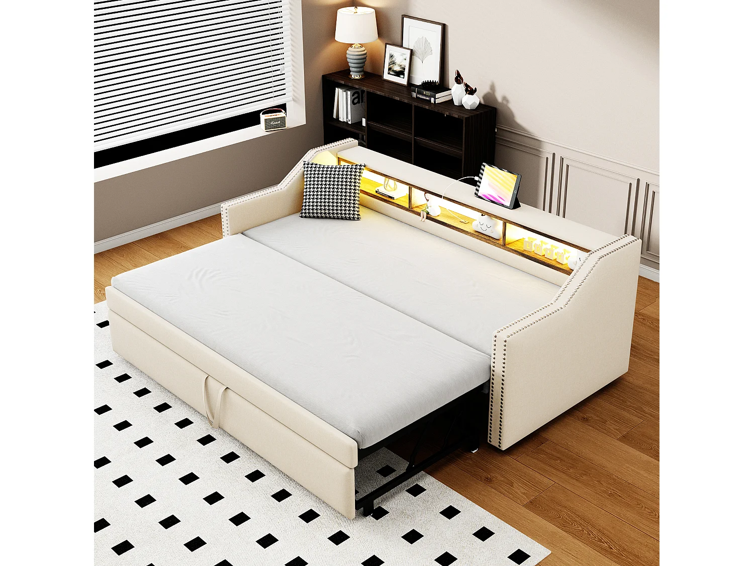 Leżanka 90/180 x 190 cm – beżowy len – łóżko dla dorosłych z oświetleniem LED i portem USB – stelaż z listew – bez materaca 4252222