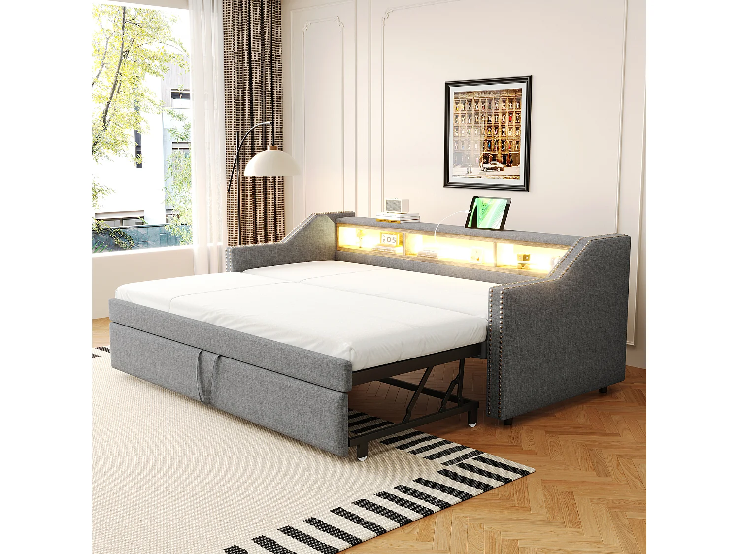 Leżanka 90/180 x 190 cm – szary len – łóżko dla dorosłych z oświetleniem LED i portem USB – stelaż z listew – bez materaca 4252232