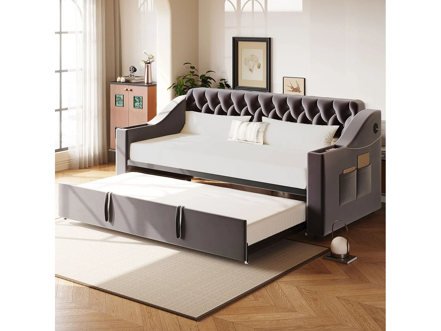 Leżanka 90/180 x 190 cm – ciemnoszary aksamit – łóżko dla dorosłych z funkcją ładowania przez USB – stelaż z listew – bez materaca 4252234